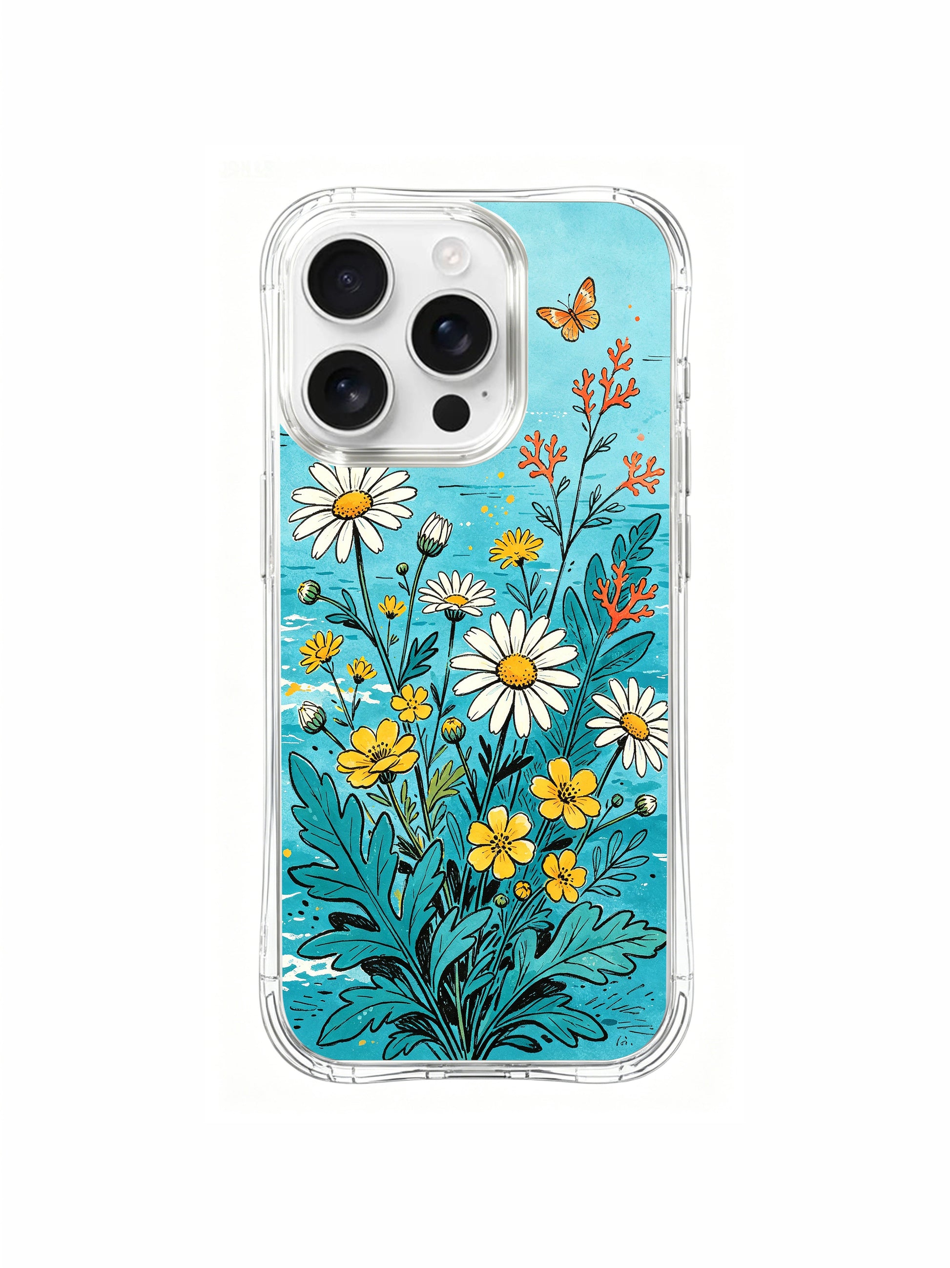 PhoneCasing butterfly by the sea design on an iPhone 16 Pro Max Case, a warm and cheerful piece with daisies dancing in the wind.