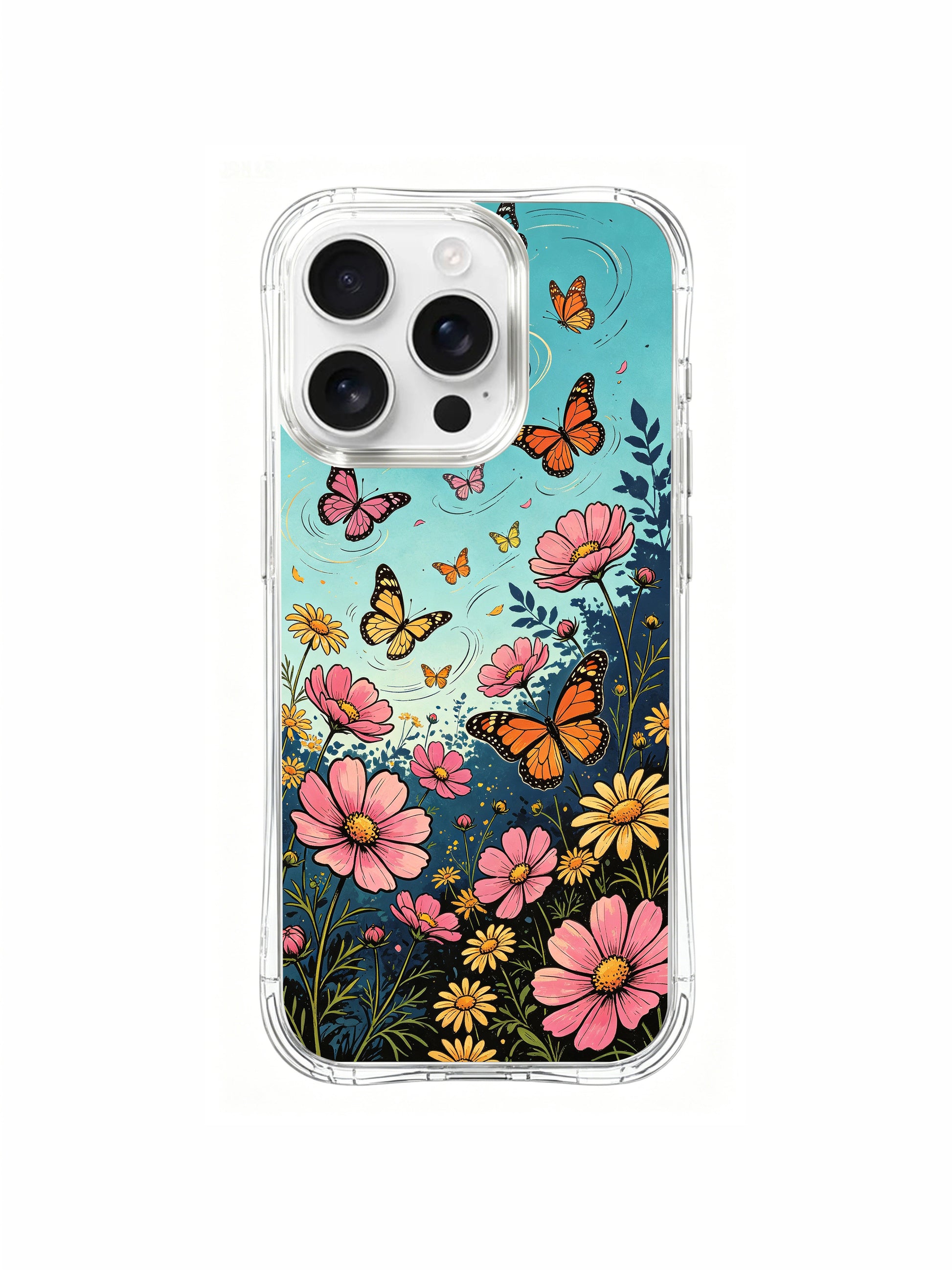 PhoneCasing Butterfly Rhythm Meadow iPhone 16 Pro Max Case, a lively illustration of flowers and butterflies dancing in the breeze.