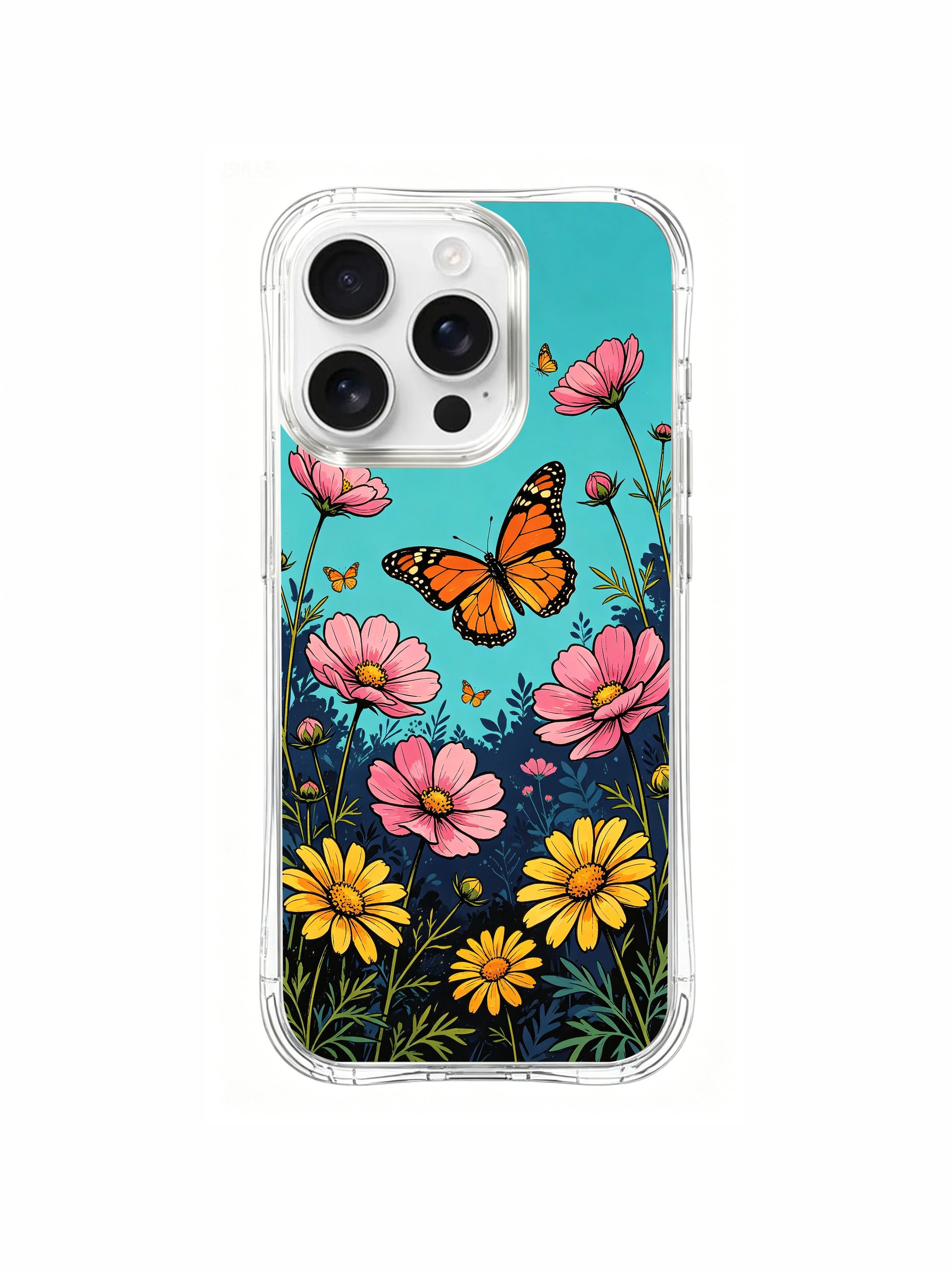 PhoneCasing butterfly teaching flight design on an iPhone 16 Pro Max Case, a heartwarming scene set in a colorful wildflower garden by Aurora Bloom.