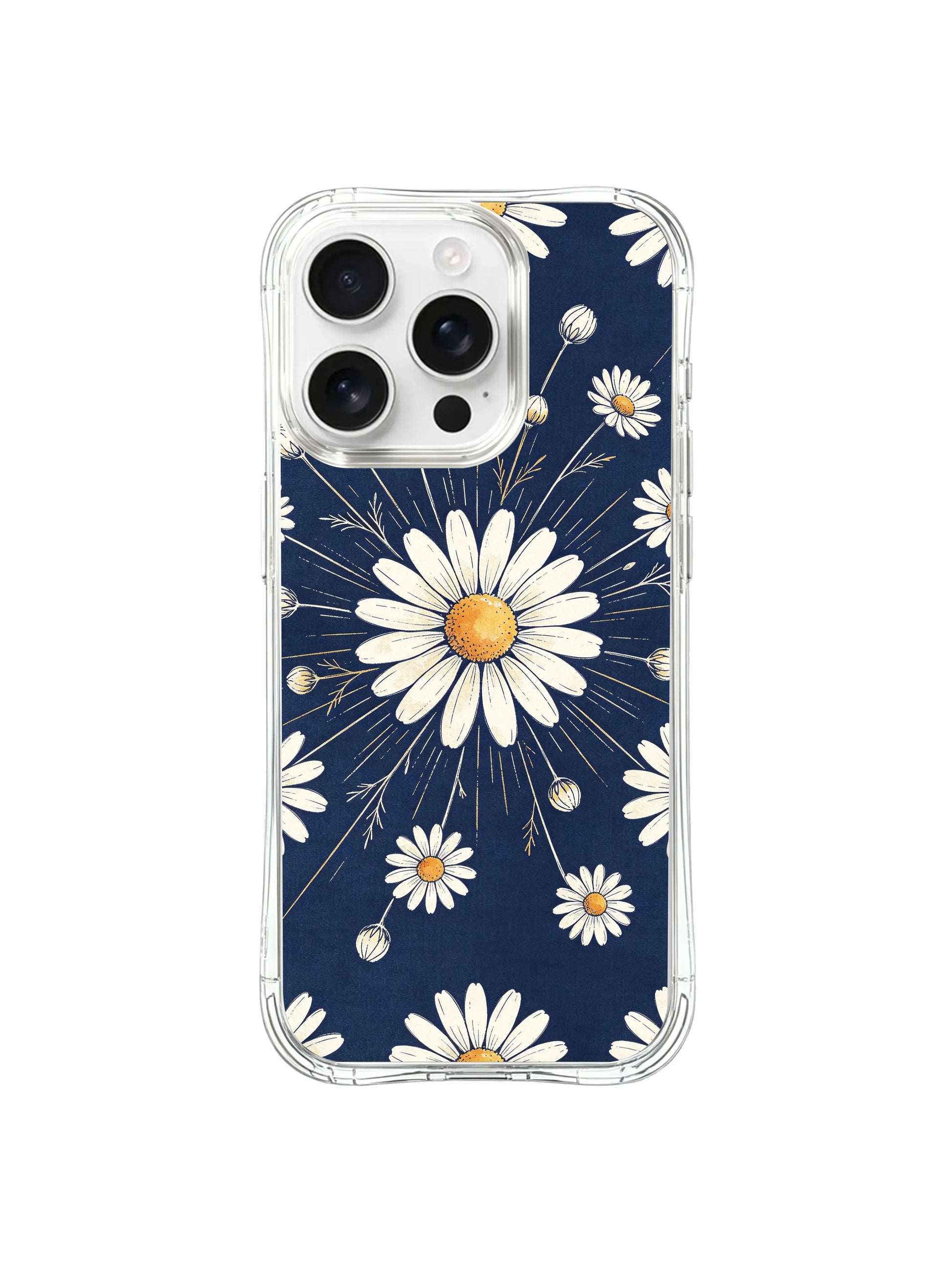 PhoneCasing iPhone 16 Pro Max Case crafted in California, featuring the Indigo Canvas Daisies art from exclusive artist collaboration with Daisy Vale.