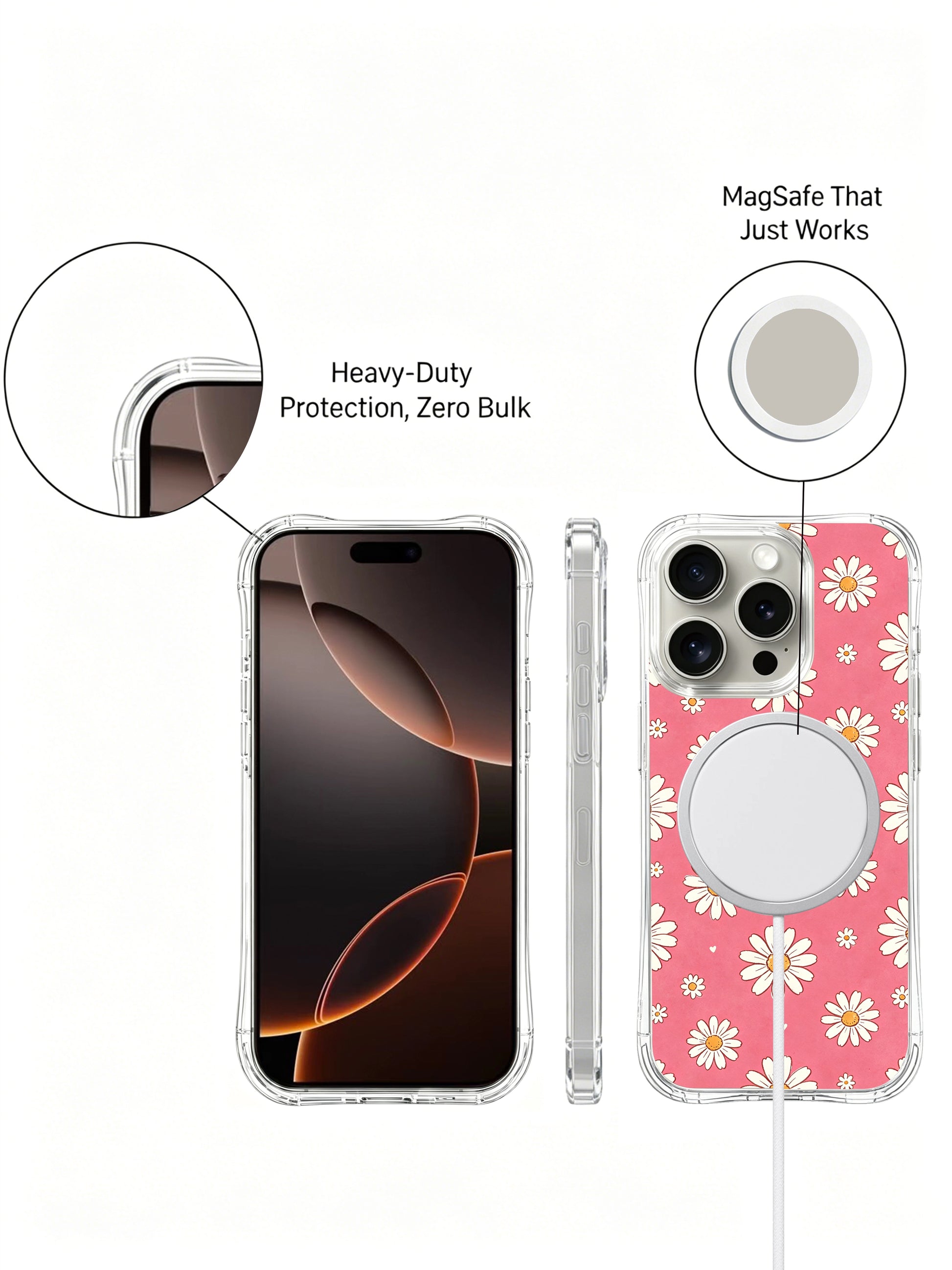 PhoneCasing iPhone 16 Pro Max Case with the Candy Petal Daisies design, hand-drawn by Daisy Vale to represent cheerful energy and carefree spirit.