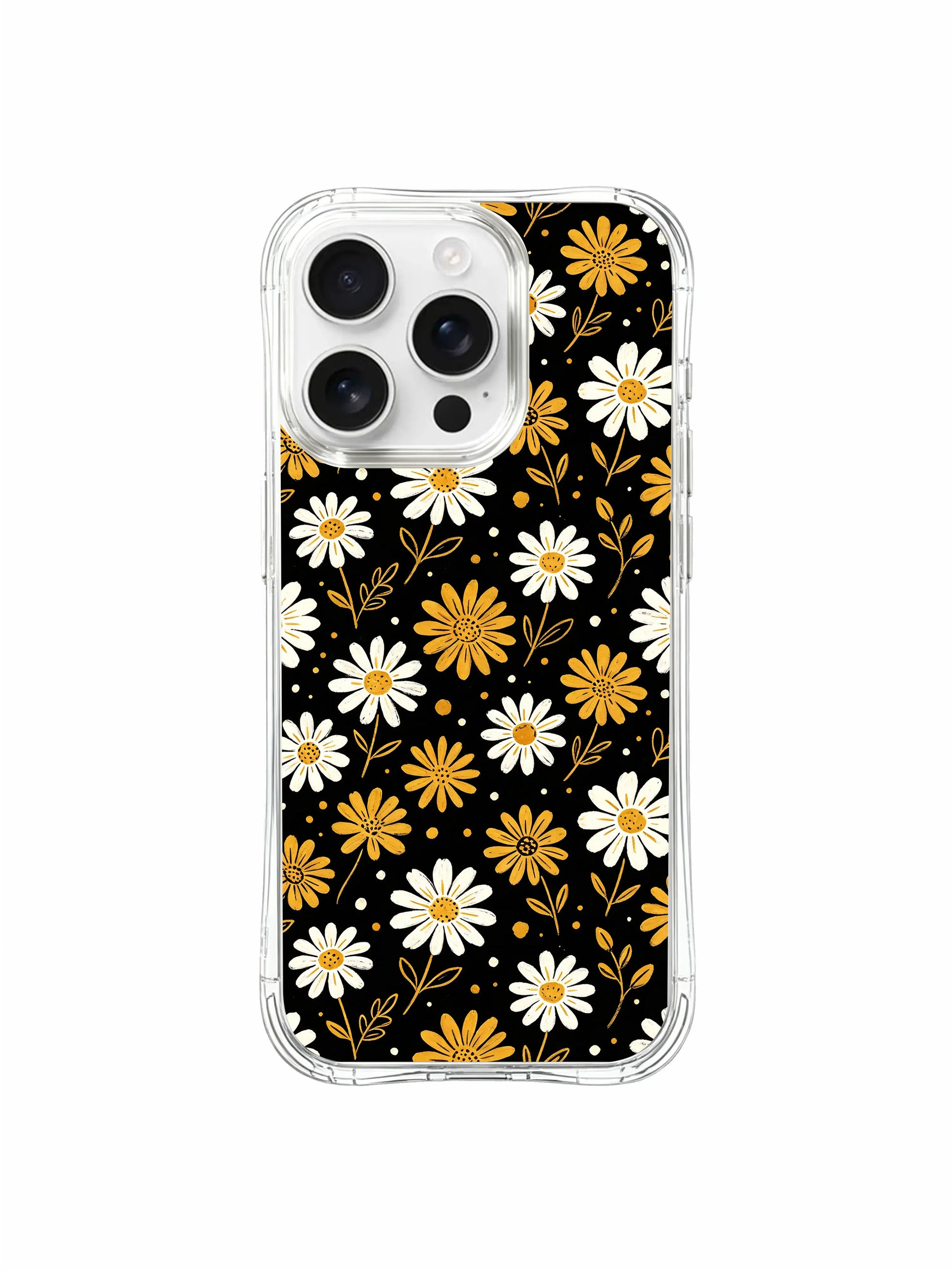 PhoneCasing iPhone 16 Pro Max Case featuring the celebratory golden and white daisy print from Daisy Vale, a case that symbolizes light and joy in the dark.