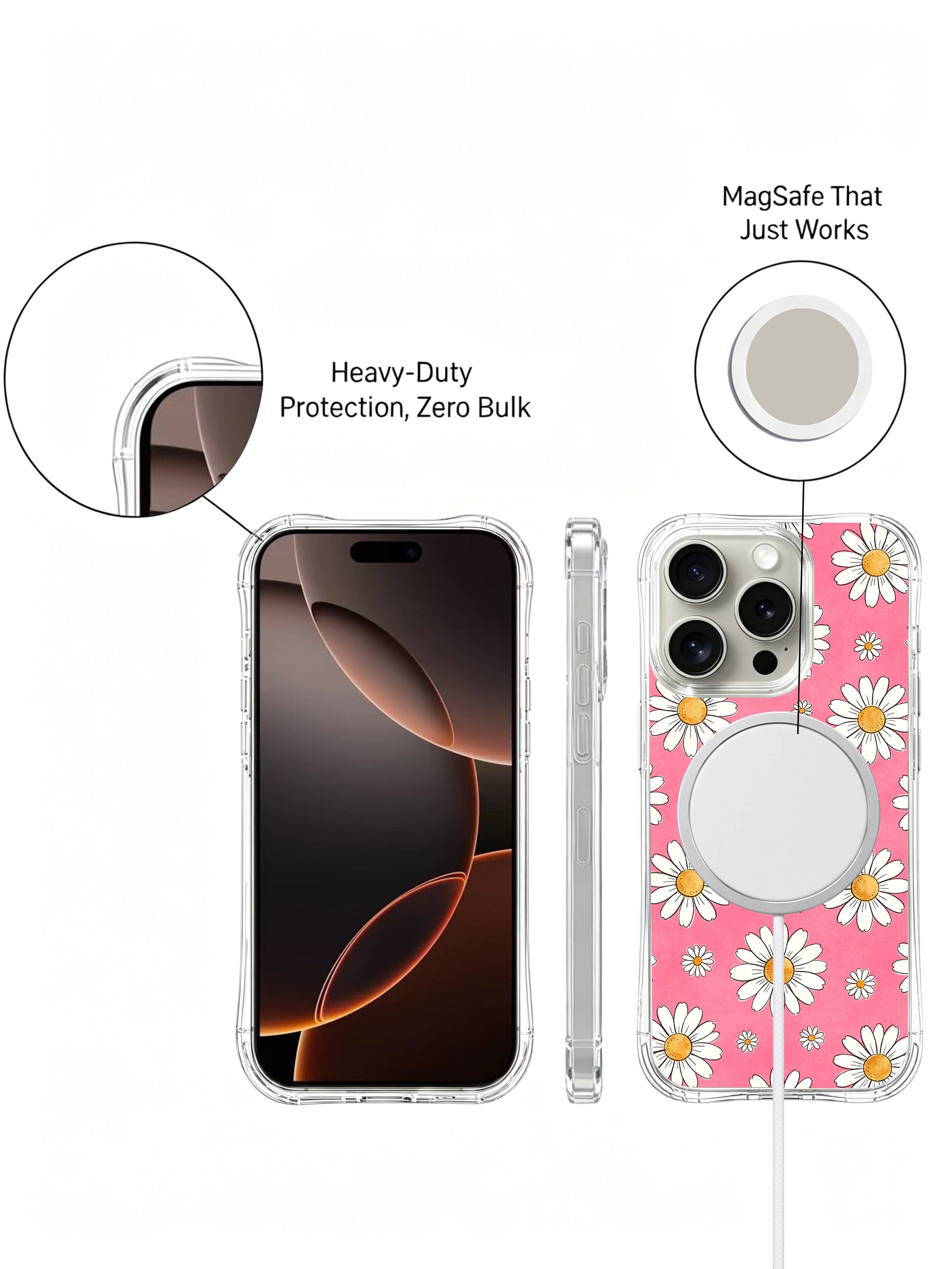 PhoneCasing iPhone 16 Pro Max Case featuring the bright pink daisy print from Daisy Vale, a cheerful feminine art case perfect for everyday elegance.