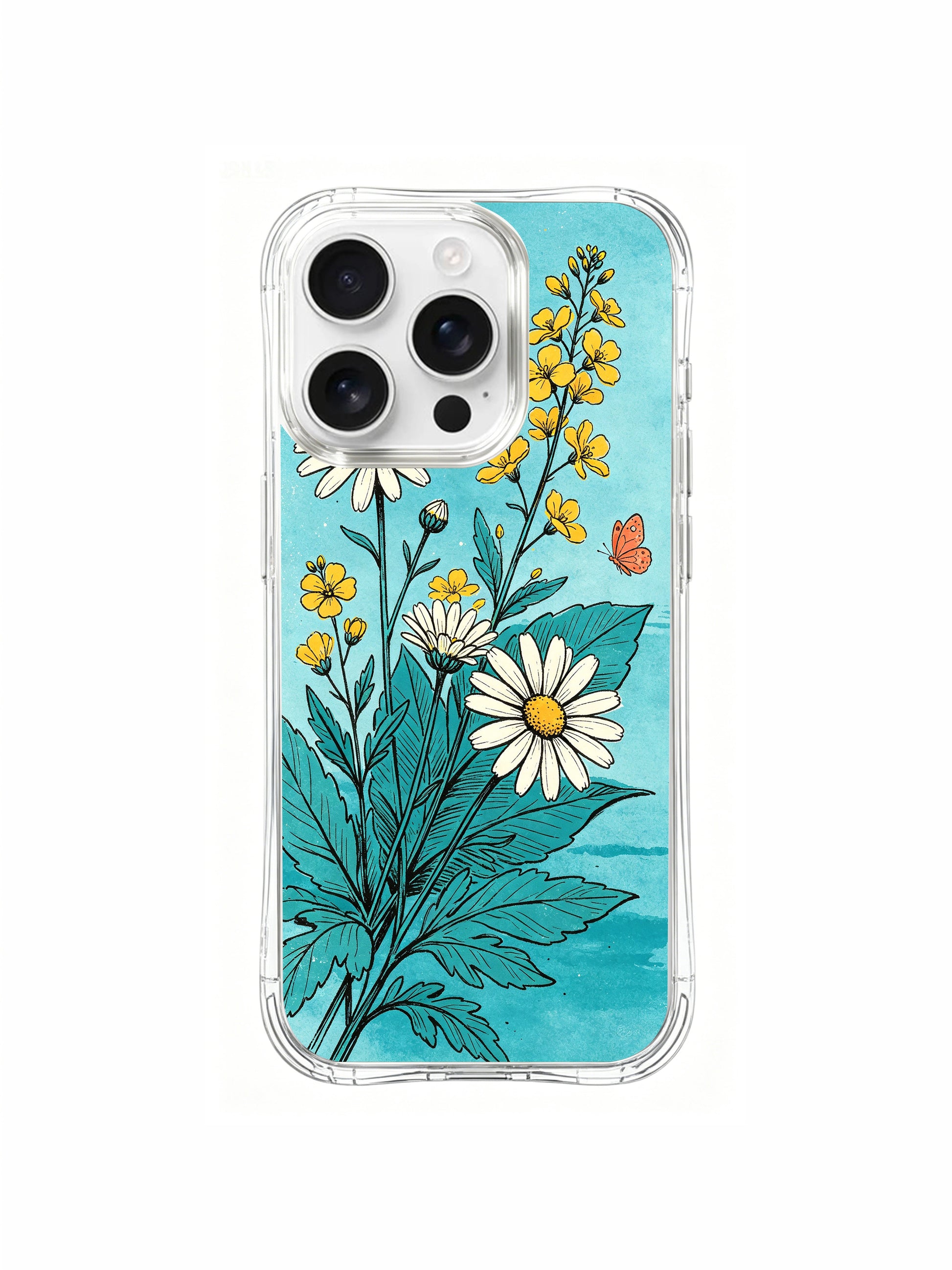 PhoneCasing coastal meadow illustration on an iPhone 16 Pro Max Case, a dreamy scene of wild daisies swaying in the ocean breeze.