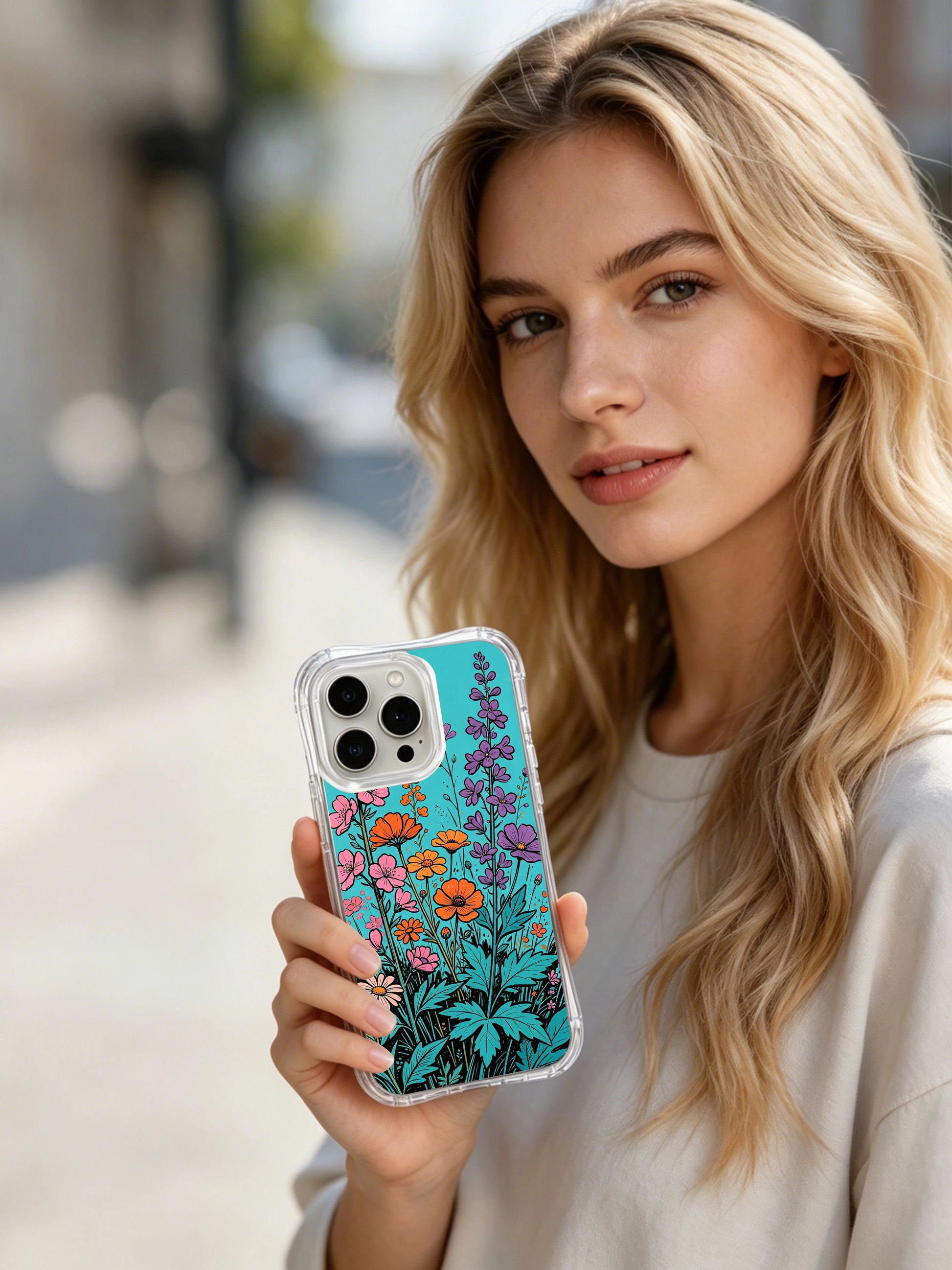 PhoneCasing Colorful Bloom Twirl iPhone 16 Pro Max Case, a playful pattern of dancing wildflowers.