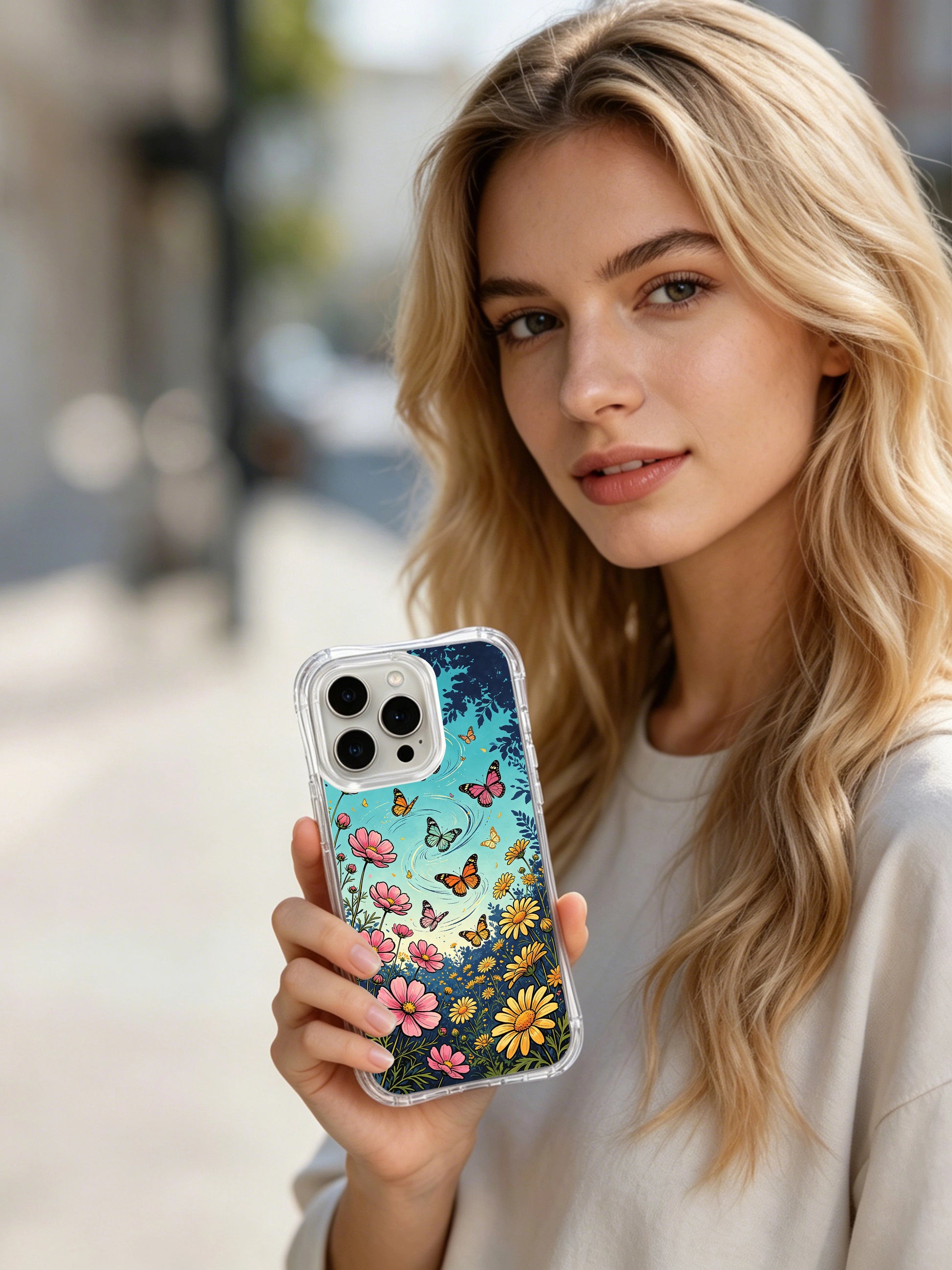 PhoneCasing Colorful Butterfly Floral iPhone 16 Pro Max Case, a magical pattern of summer meadow flowers and winged visitors.