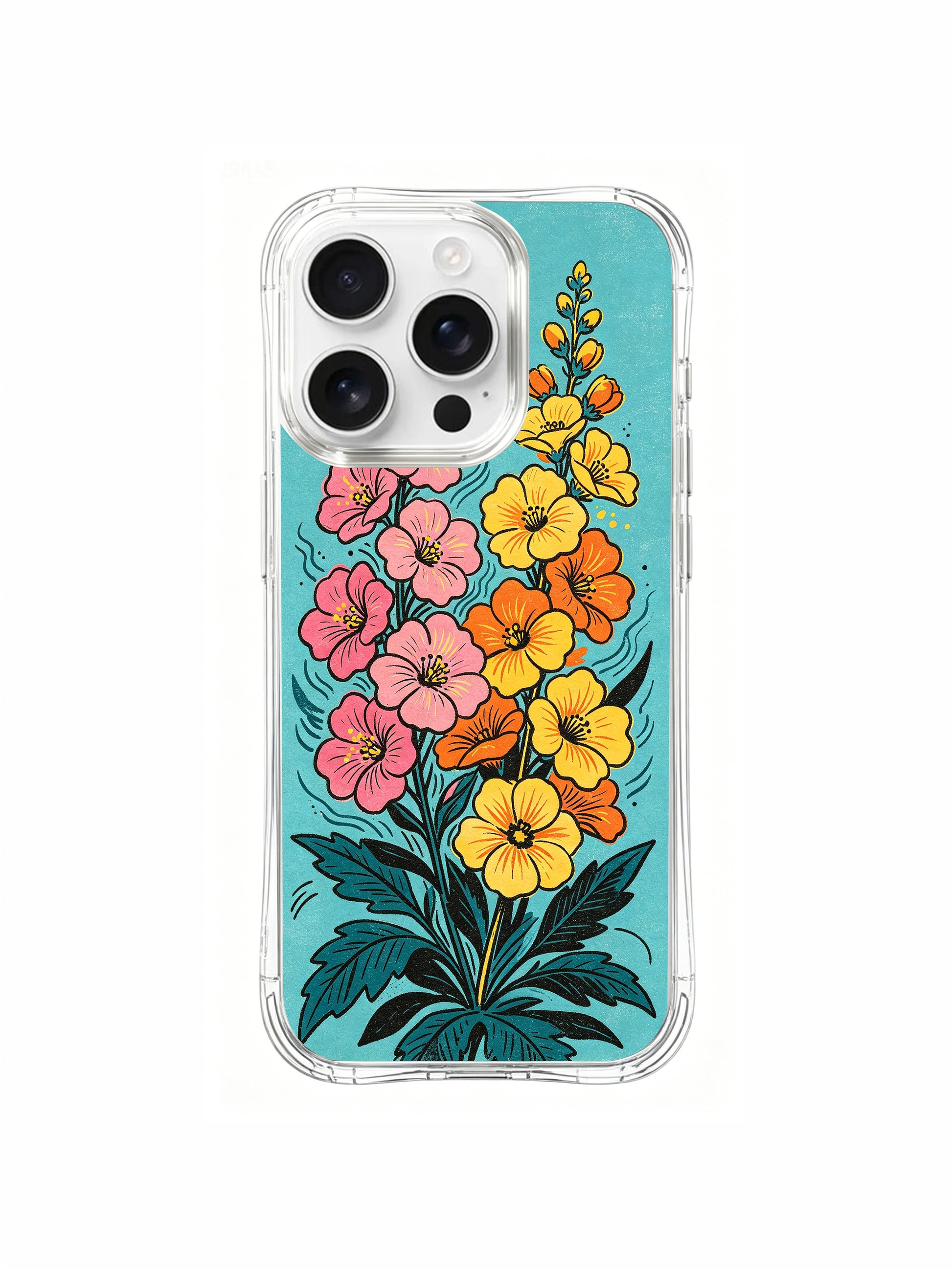 PhoneCasing colorful floral tide design on an iPhone 16 Pro Max Case, a vivid wave of pink, yellow, and orange flowers against a bright background.