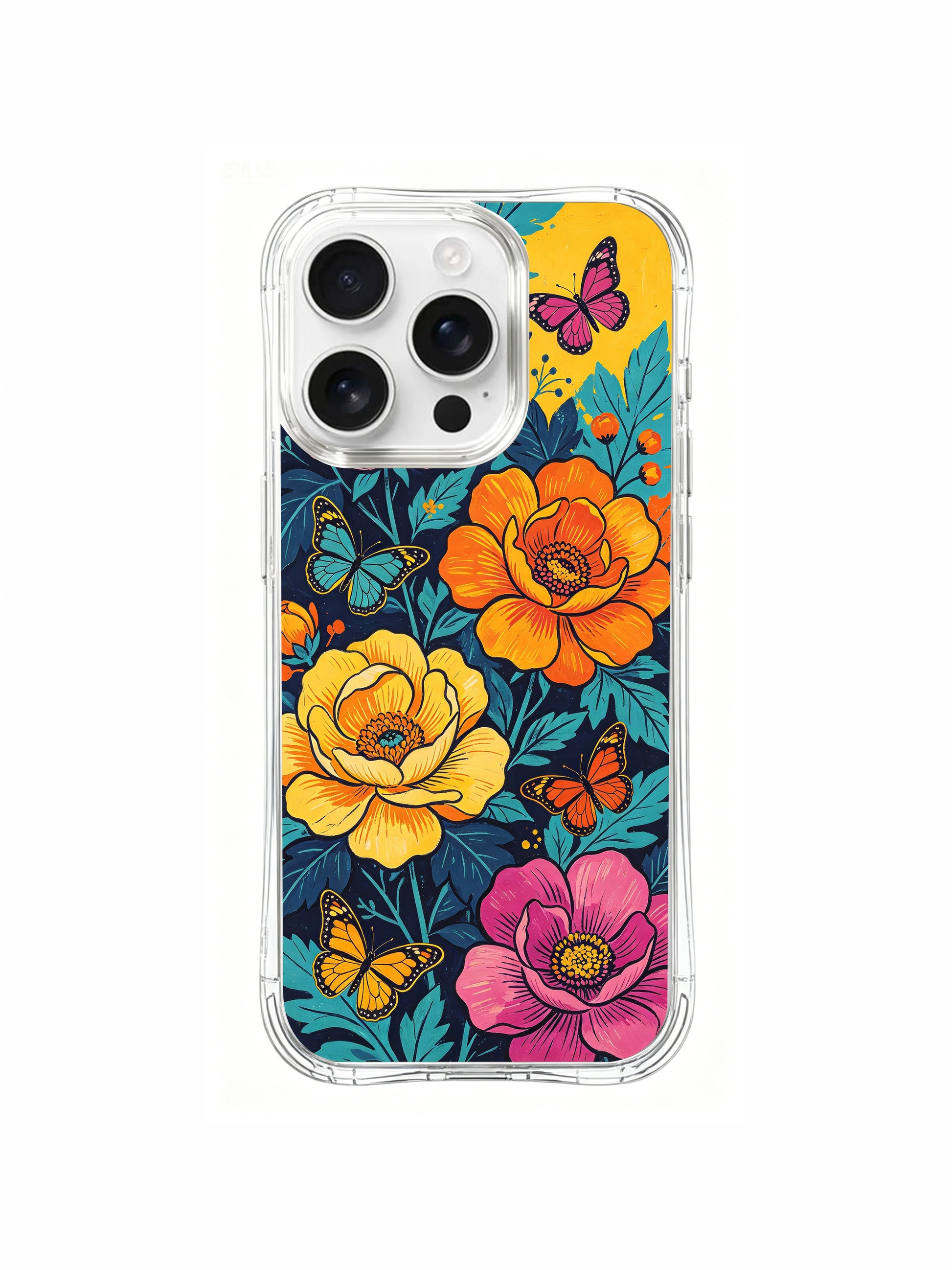 PhoneCasing Colorful Nighttime Meadow iPhone 16 Pro Max Case. A lush, vibrant meadow of peonies and butterflies set against a deep blue night sky.