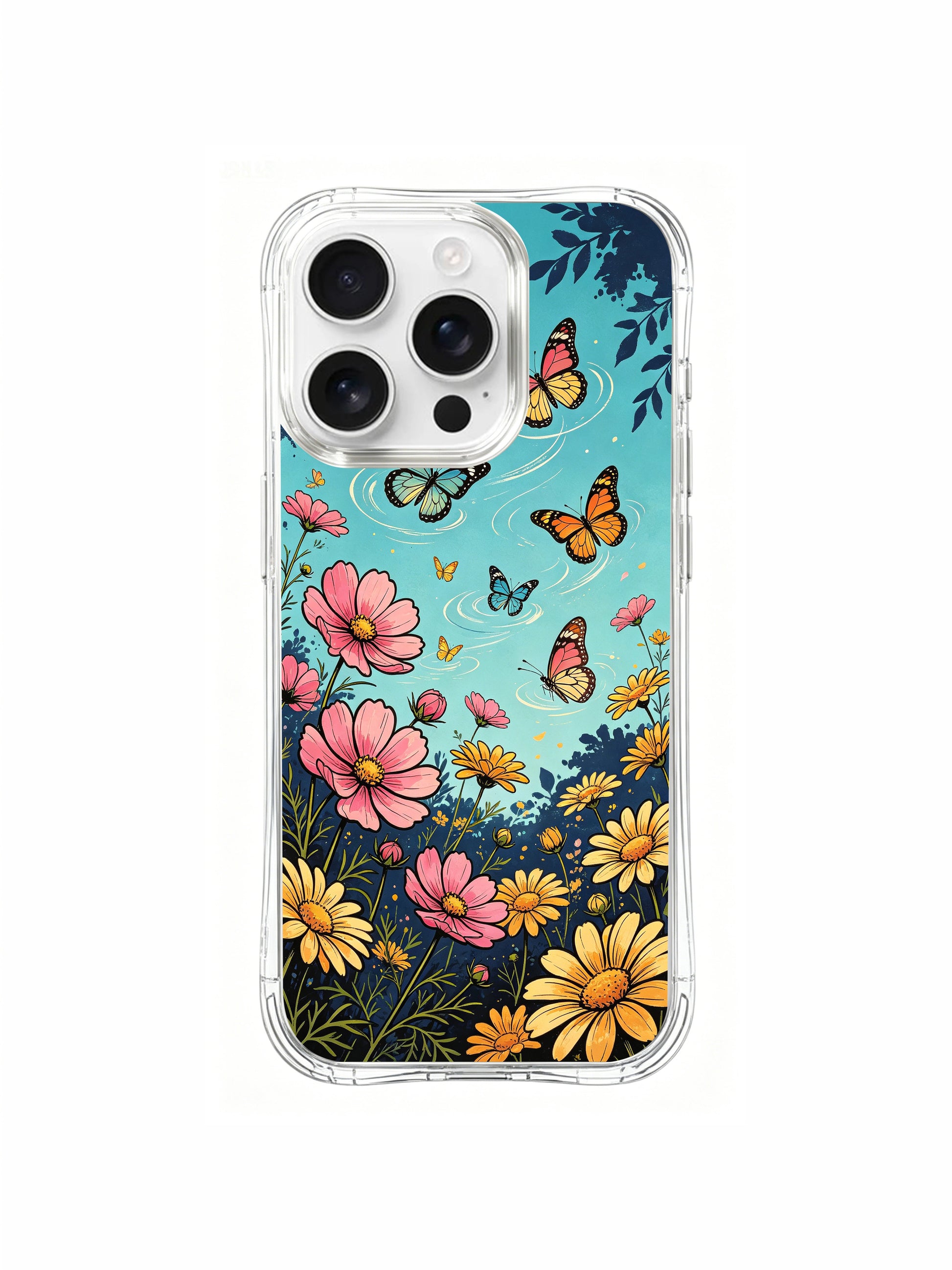 PhoneCasing Colorful Summer Butterfly Meadow iPhone 16 Pro Max Case, featuring a mix of pink cosmos, yellow daisies, and monarch butterflies