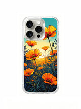 PhoneCasing Colorful Sunset Poppy iPhone 16 Pro Max Case, featuring gradient orange blooms and a turquoise sky.