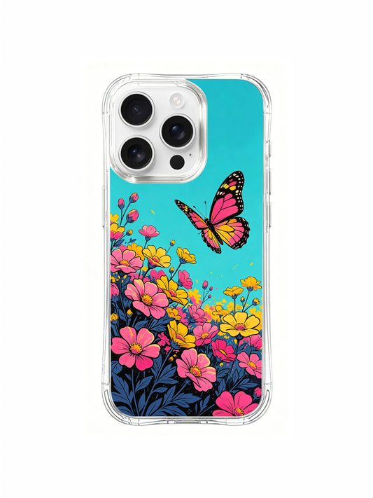 PhoneCasing "Courage in Bloom" art on an iPhone 16 Pro Max Case, Aurora Bloom’s symbolic piece of fiery flowers framing a bright sky, representing love and bravery.