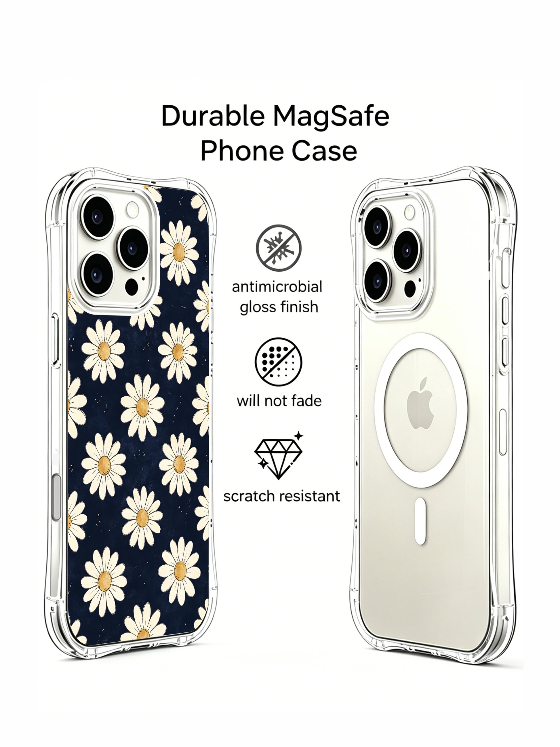 PhoneCasing iPhone 16 Pro Max Case showcasing the understated cream daisy pattern on soft navy, designed by Daisy Vale for a serene, minimalist aesthetic.