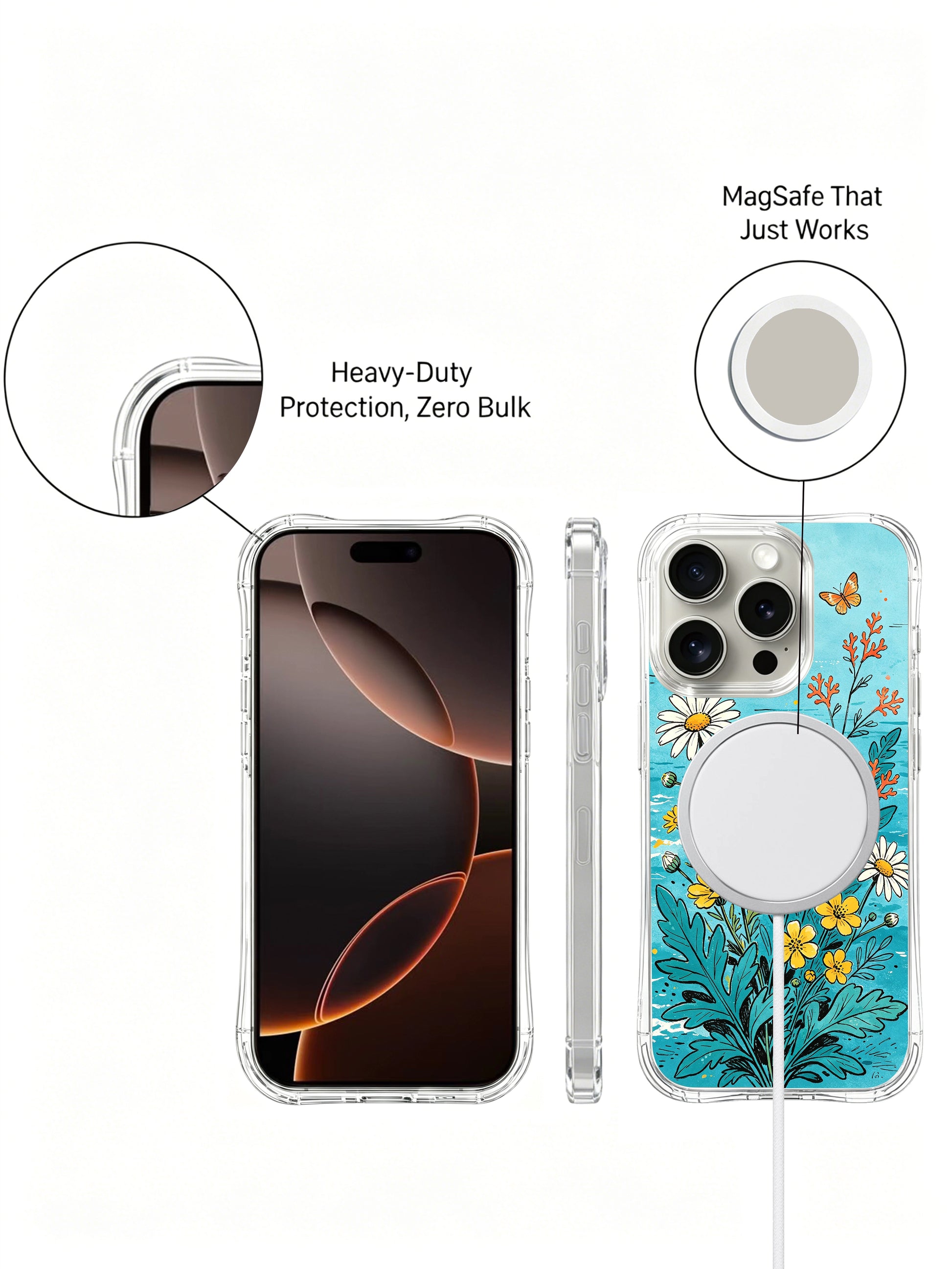  PhoneCasing daisies and sea waves illustration on an iPhone 16 Pro Max Case, a whimsical scene of wildflowers growing by the ocean.
