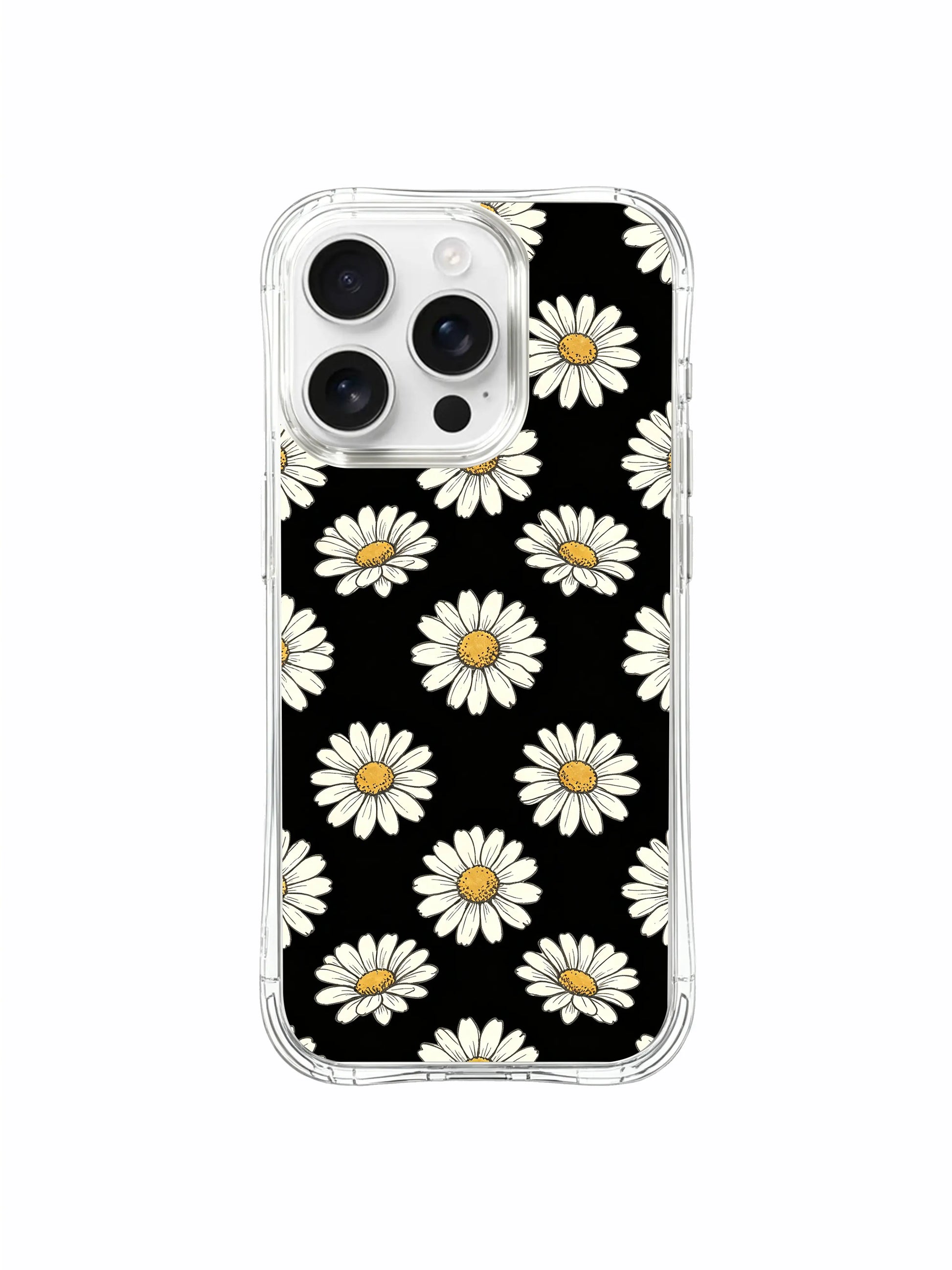 PhoneCasing iPhone 16 Pro Max Case with hand-drawn white daisy art from Daisy Vale’s Black Night series, a moody yet hopeful floral aesthetic for everyday use.