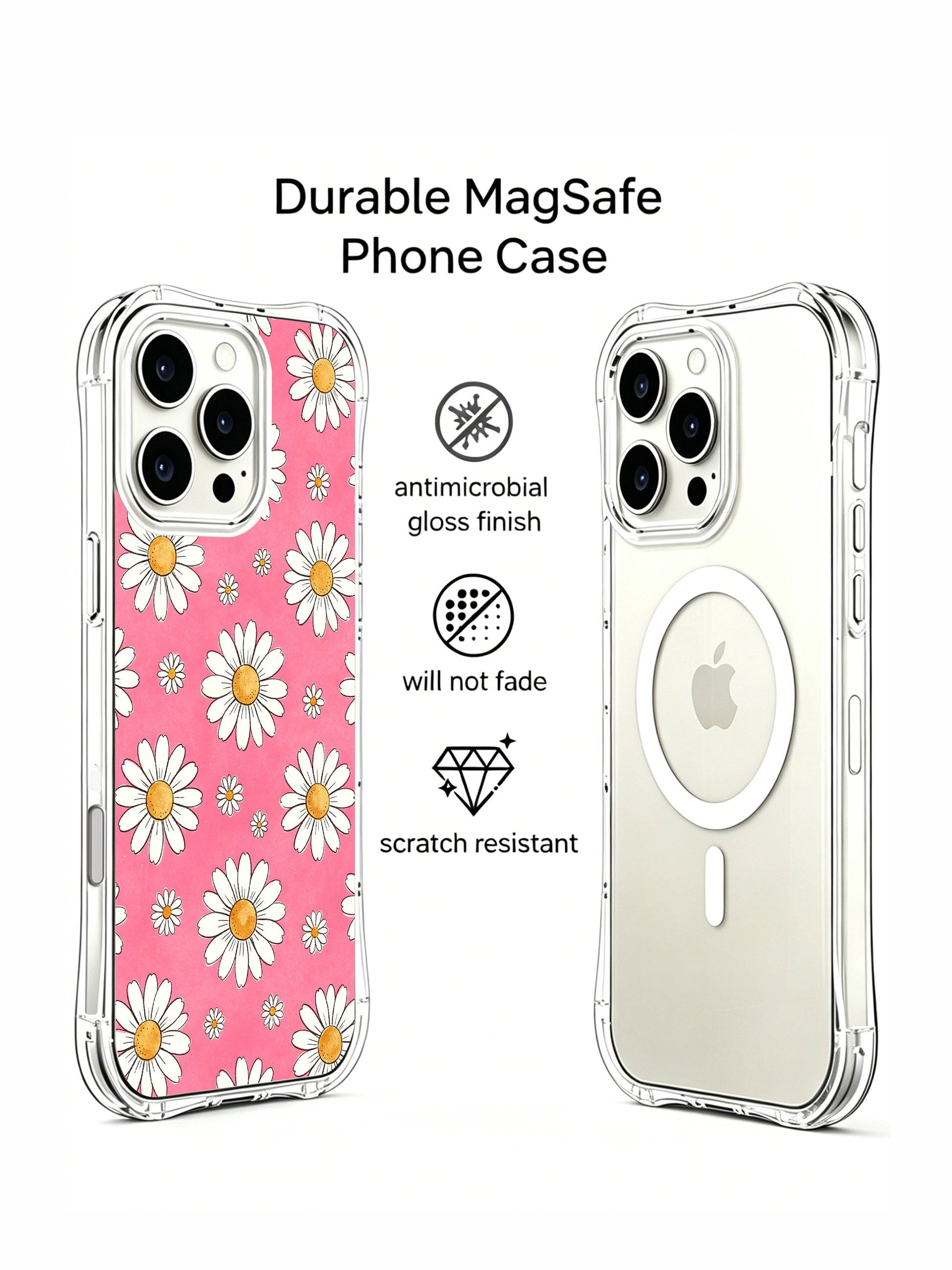 PhoneCasing iPhone 16 Pro Max Case with hand-drawn pink daisy art from Daisy Vale’s Afternoon Garden collection, a whimsical cottagecore aesthetic for women.