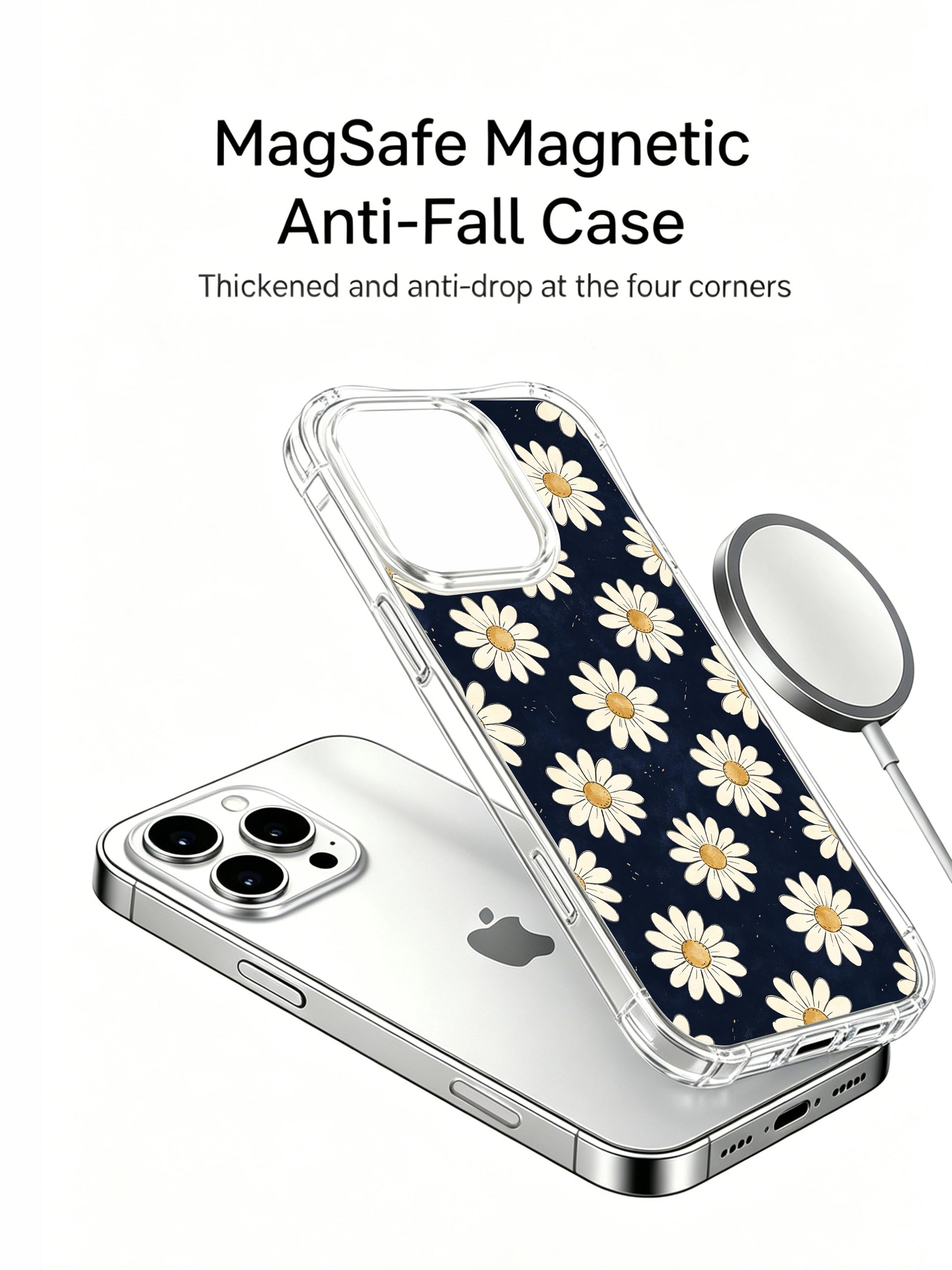 PhoneCasing iPhone 16 Pro Max Case with hand-drawn cream daisies on navy background from Daisy Vale, a gentle pattern inspired by slow mornings and quiet moments.