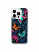 PhoneCasing dark blue floral valley design on an iPhone 16 Pro Max Case, with pink and turquoise flowers leading to a world of butterflies.