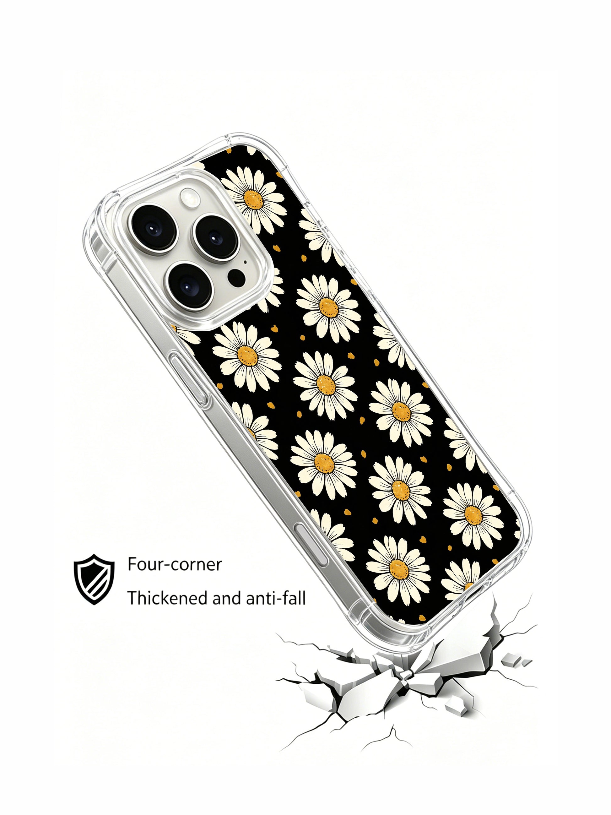 PhoneCasing iPhone 16 Pro Max Case showcasing the minimalist cream daisy pattern on black, designed by Daisy Vale for a sophisticated yet inviting aesthetic.