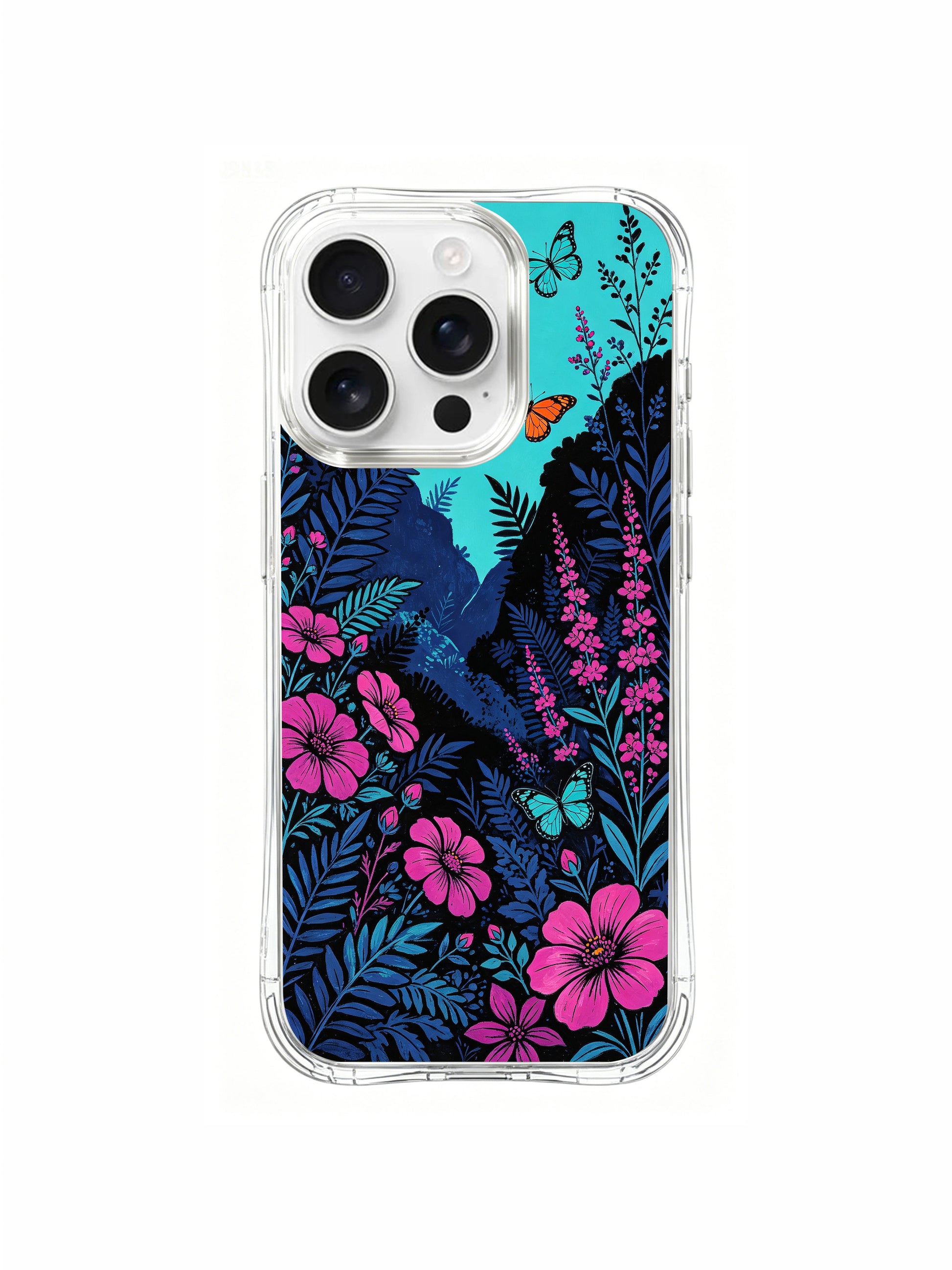  PhoneCasing dark tropical butterfly design on an iPhone 16 Pro Max Case, featuring lush foliage and vibrant butterflies in a hidden jungle valley.