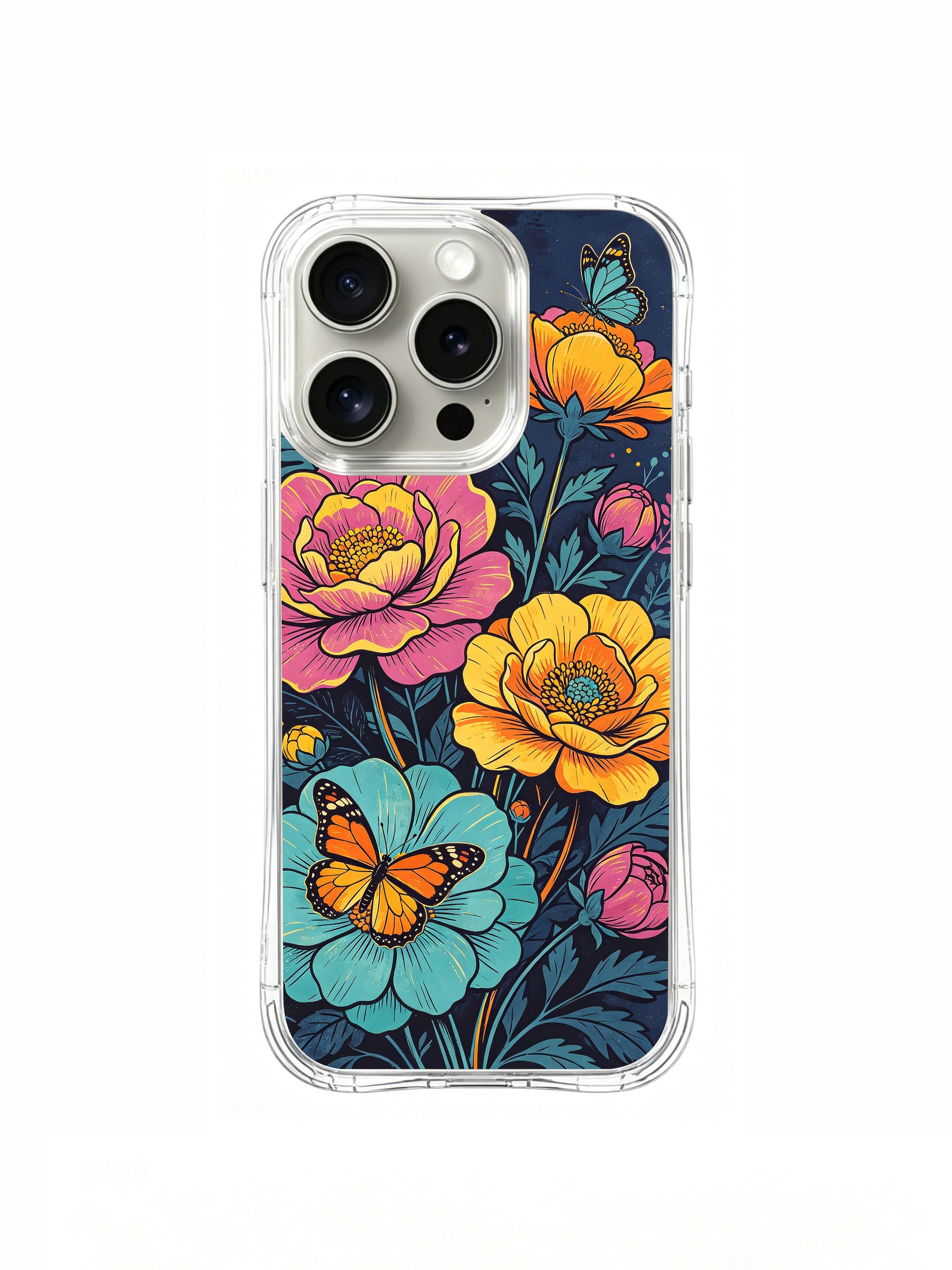 PhoneCasing Dreamy Butterfly Garden Art on an iPhone 16 Pro Max Case. Aurora Bloom’s vibrant floral illustration features blooming peonies and fluttering butterflies in a midnight garden.