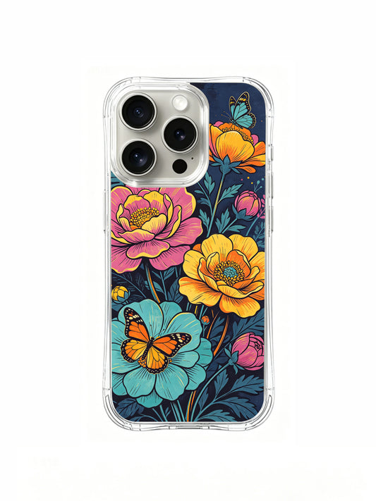 PhoneCasing Dreamy Butterfly Garden Art on an iPhone 16 Pro Max Case. Aurora Bloom’s vibrant floral illustration features blooming peonies and fluttering butterflies in a midnight garden.