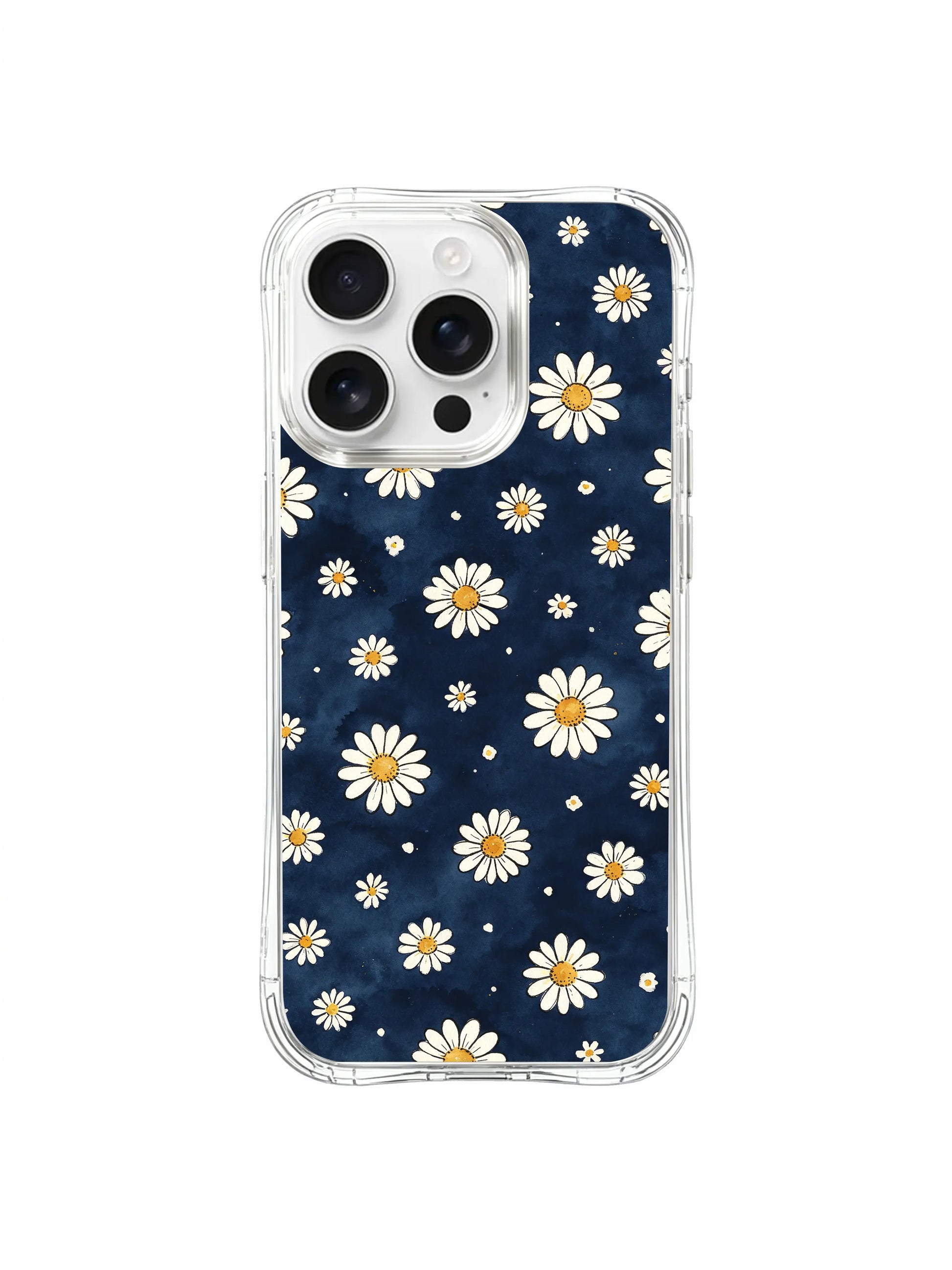 PhoneCasing iPhone 16 Pro Max Case with dreamy navy daisy art by Mira Bloomwell, the Midnight Daisy Rain design captures the magic of quiet, star-like blooms.