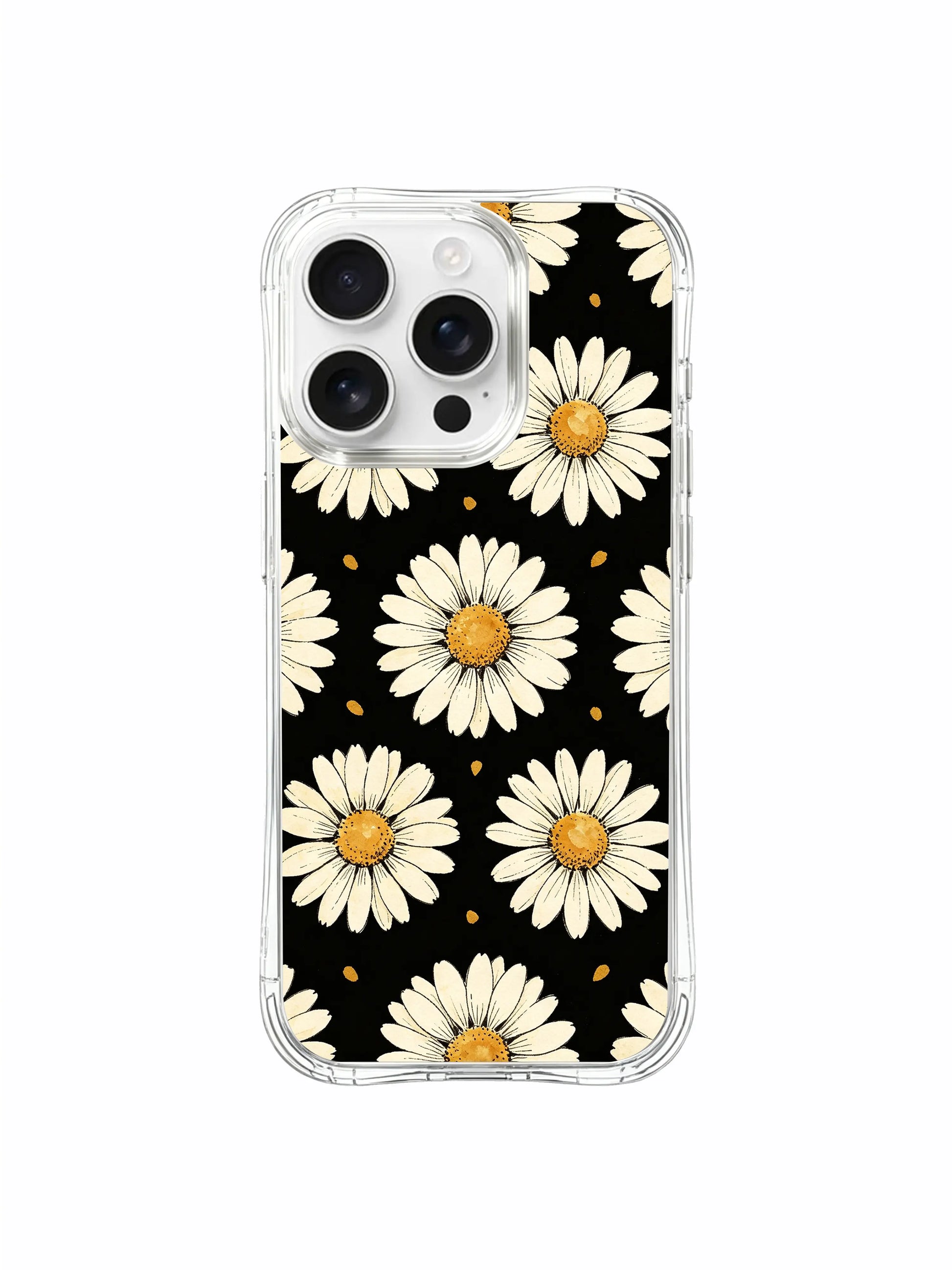 PhoneCasing iPhone 16 Pro Max Case with drop-resistant protection, featuring the Black Honey Daisies design by Daisy Vale.
