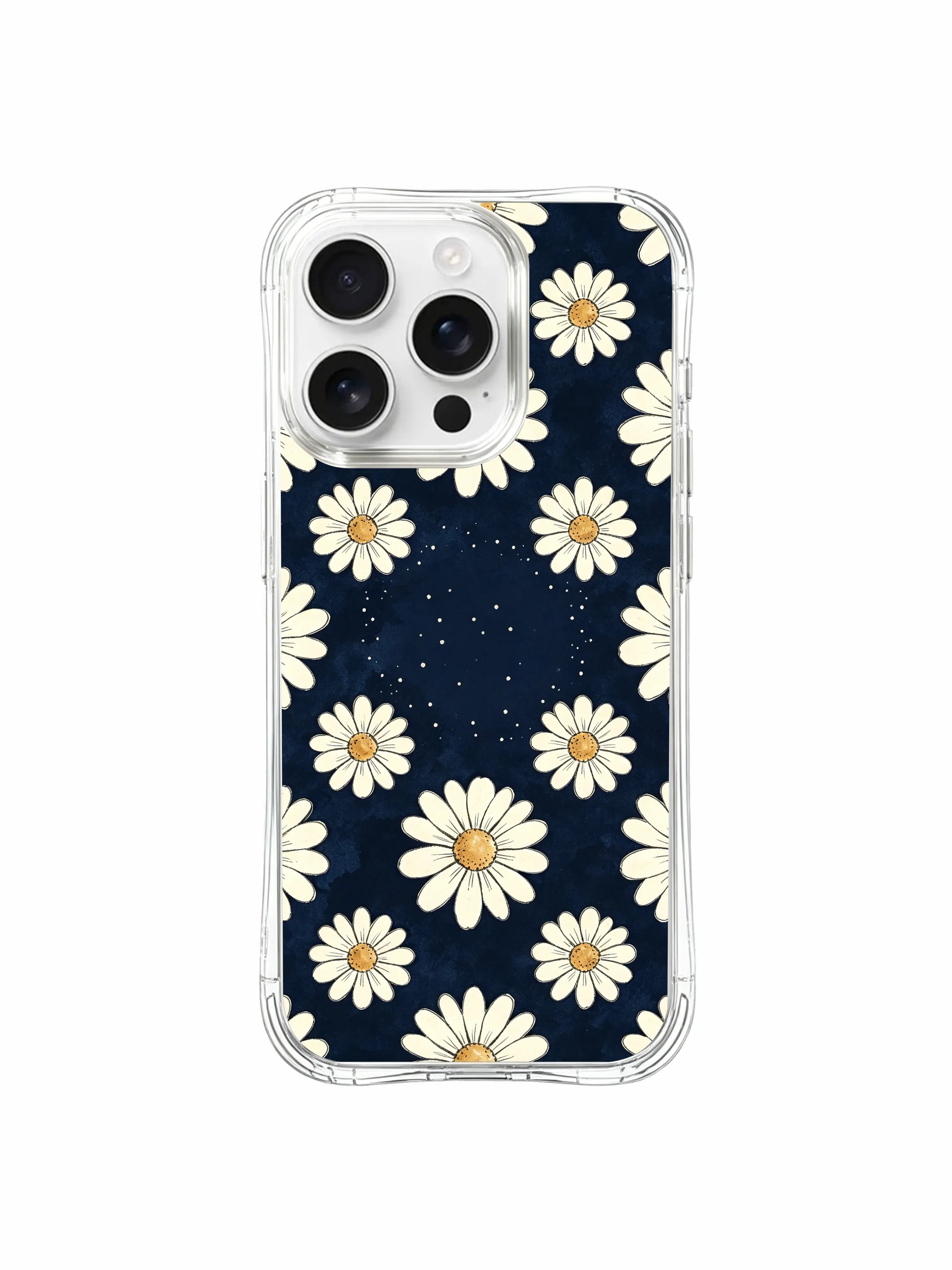 PhoneCasing iPhone 16 Pro Max Case with drop-resistant protection, featuring the Navy & Cream Daisies design by Daisy Vale.