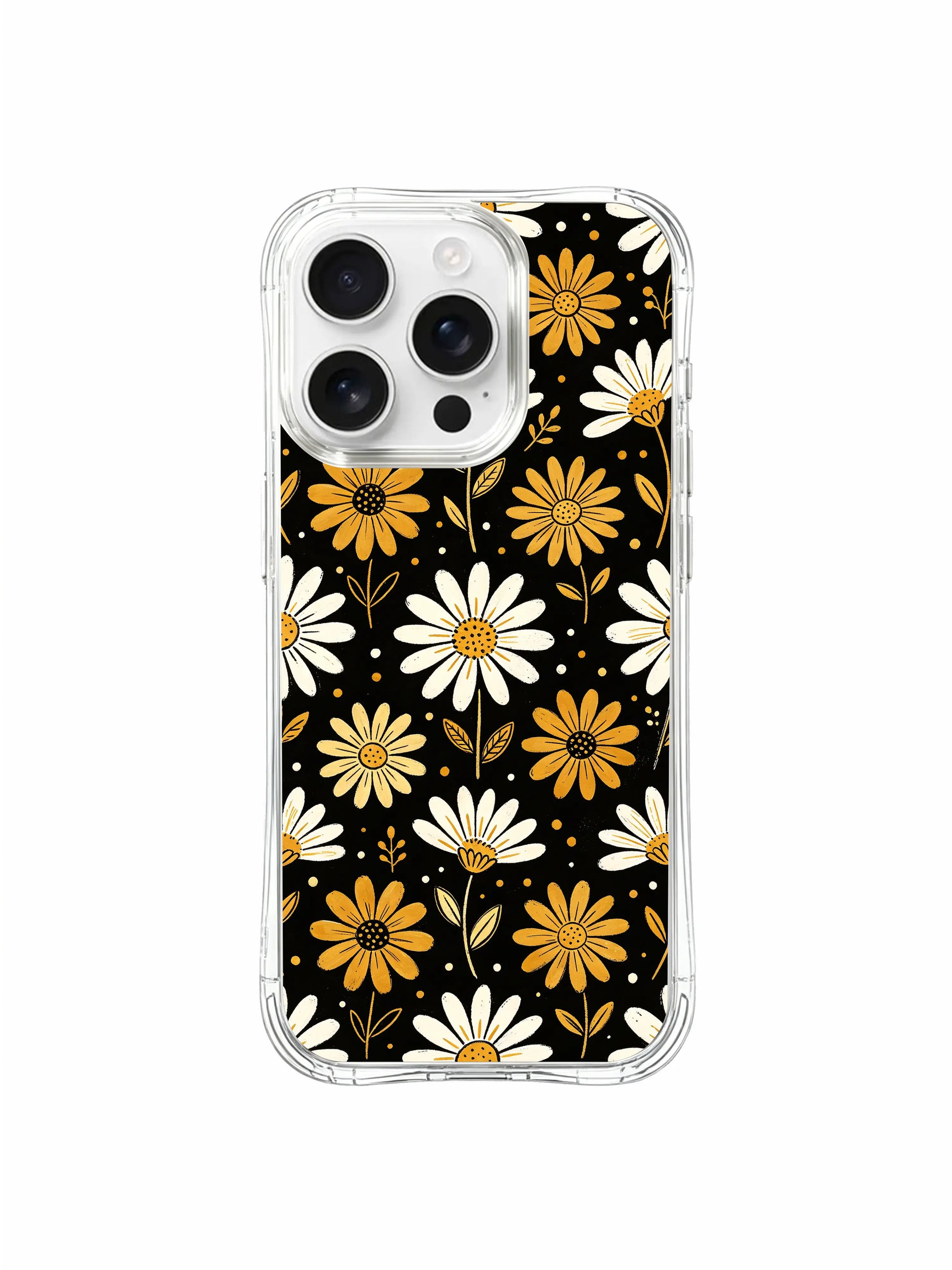 PhoneCasing iPhone 16 Pro Max Case with drop-resistant protection, featuring the Golden Fireworks Night Daisies design by Daisy Vale.