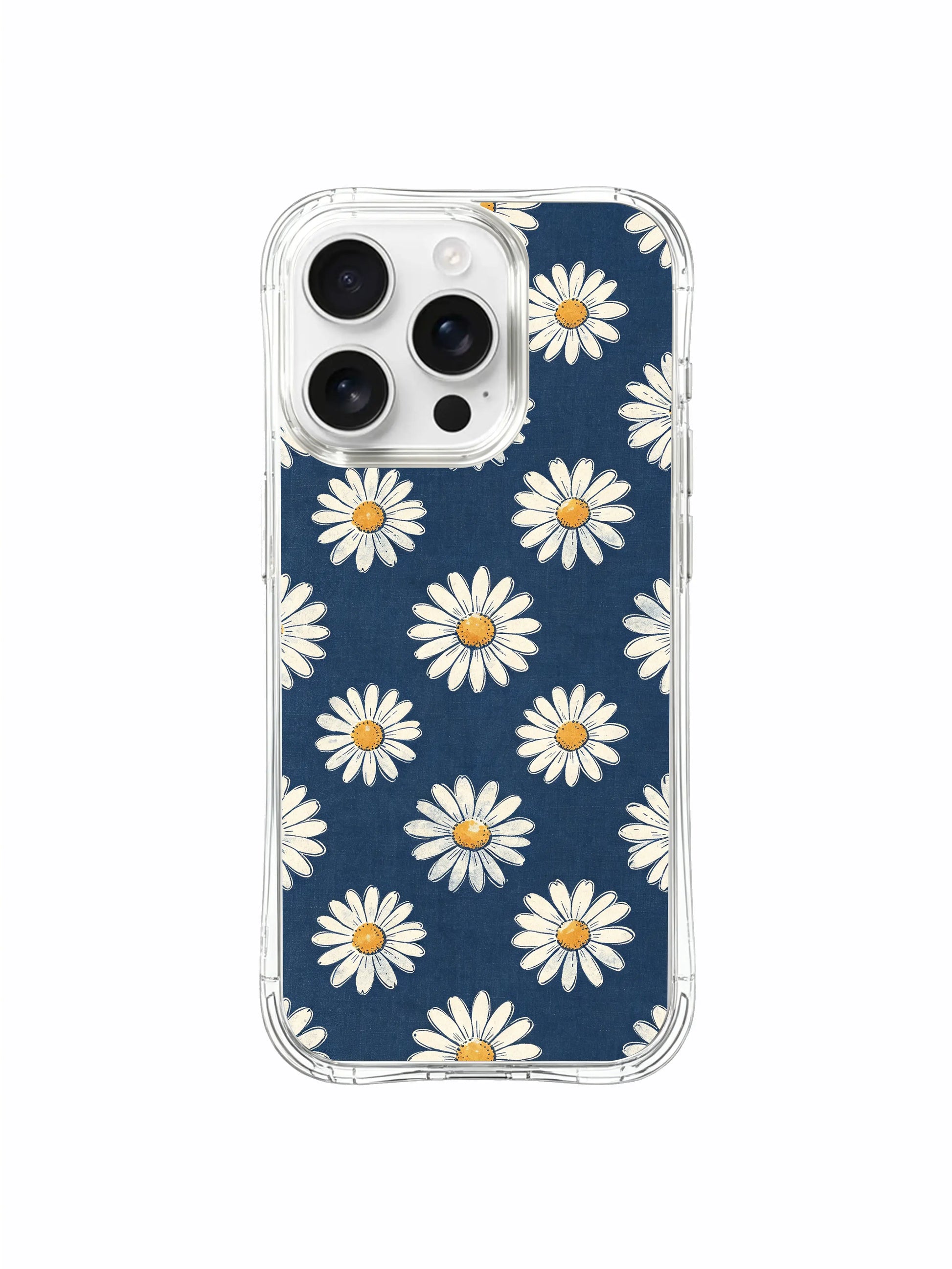 PhoneCasing iPhone 16 Pro Max Case with drop-resistant protection, featuring the Indigo Canvas Daisies design by Daisy Vale.
