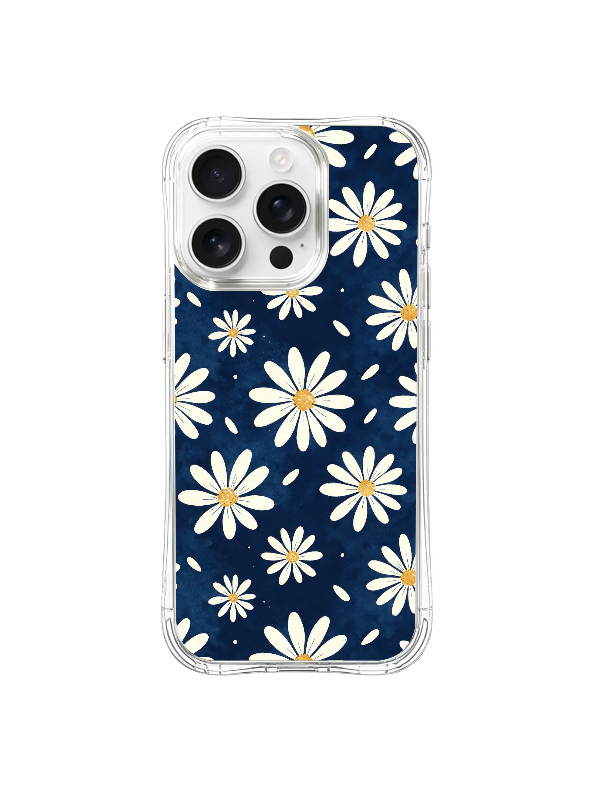 PhoneCasing iPhone 16 Pro Max Case with drop-resistant protection, featuring the Deep Ocean Blue Daisies design by Daisy Vale.
