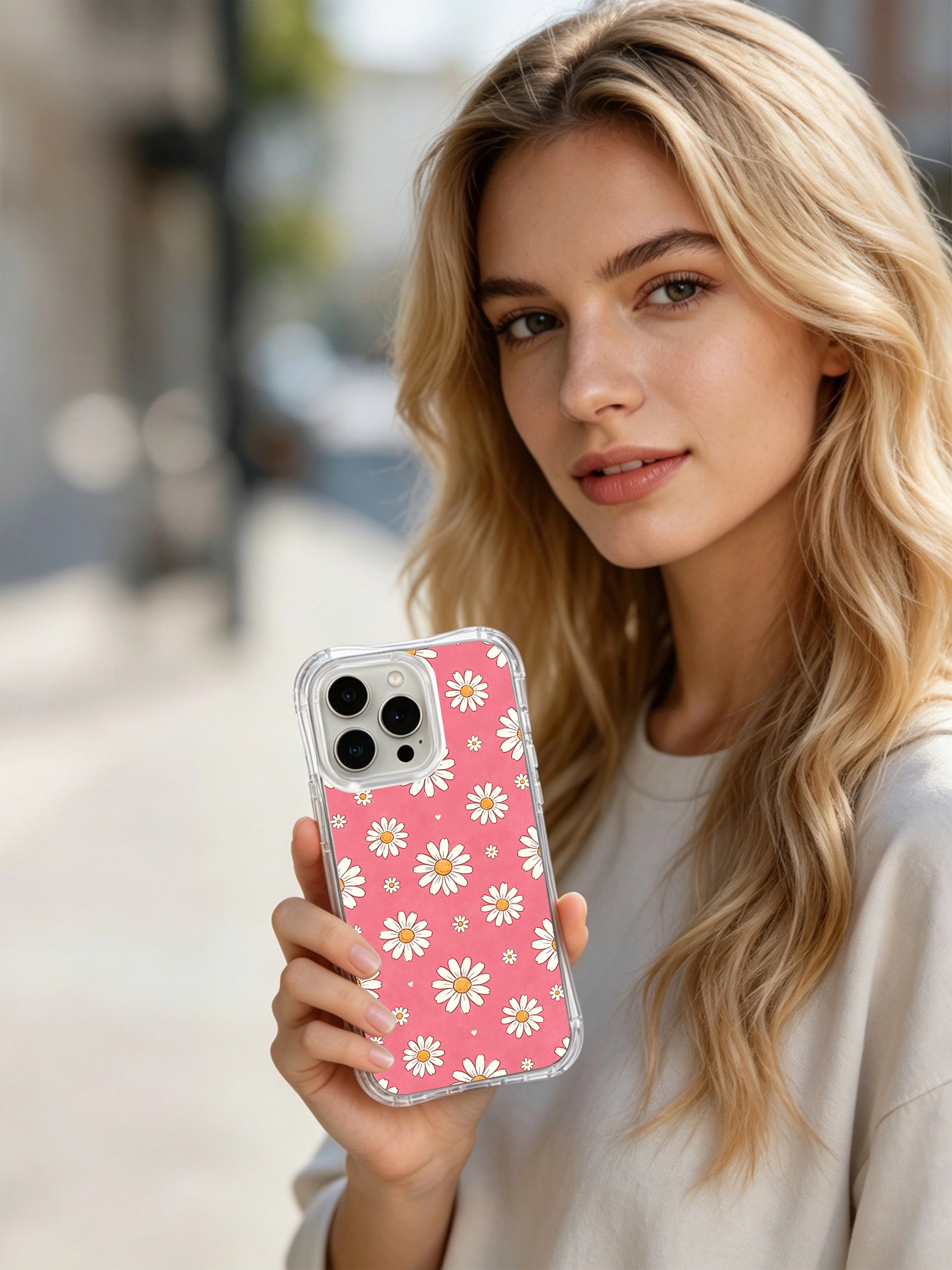 PhoneCasing iPhone 16 Pro Max Case with the soft strawberry pink daisy pattern, a vibrant yet sweet case perfect for those who love playful, feminine art.