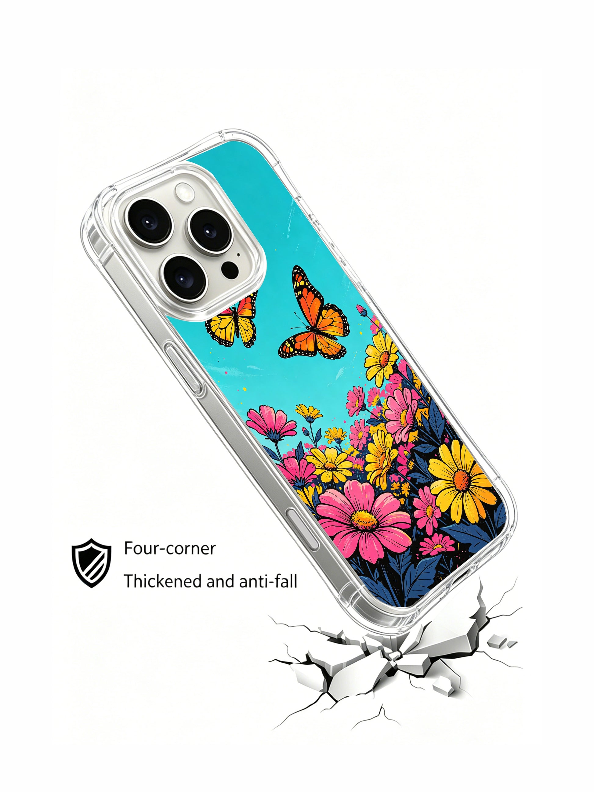 PhoneCasing fiery floral horizon on an iPhone 16 Pro Max Case, a dynamic design of flowers rising like flames around a peaceful blue sky, representing passion and purpose.