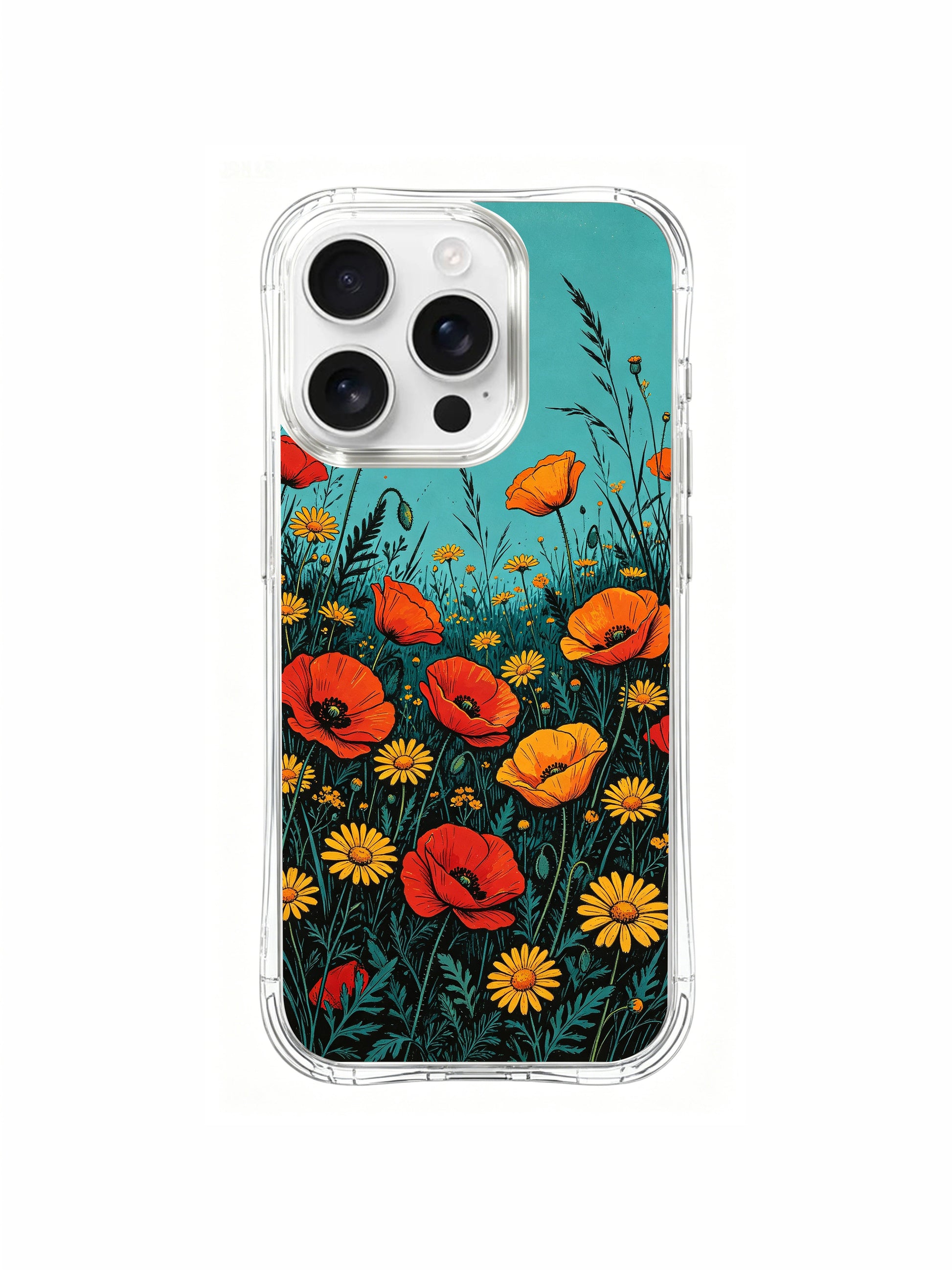 PhoneCasing Fiery Poppy Frame Design iPhone 16 Pro Max Case. Red and orange flowers form a border around a calm turquoise center, symbolizing boldness and presence.