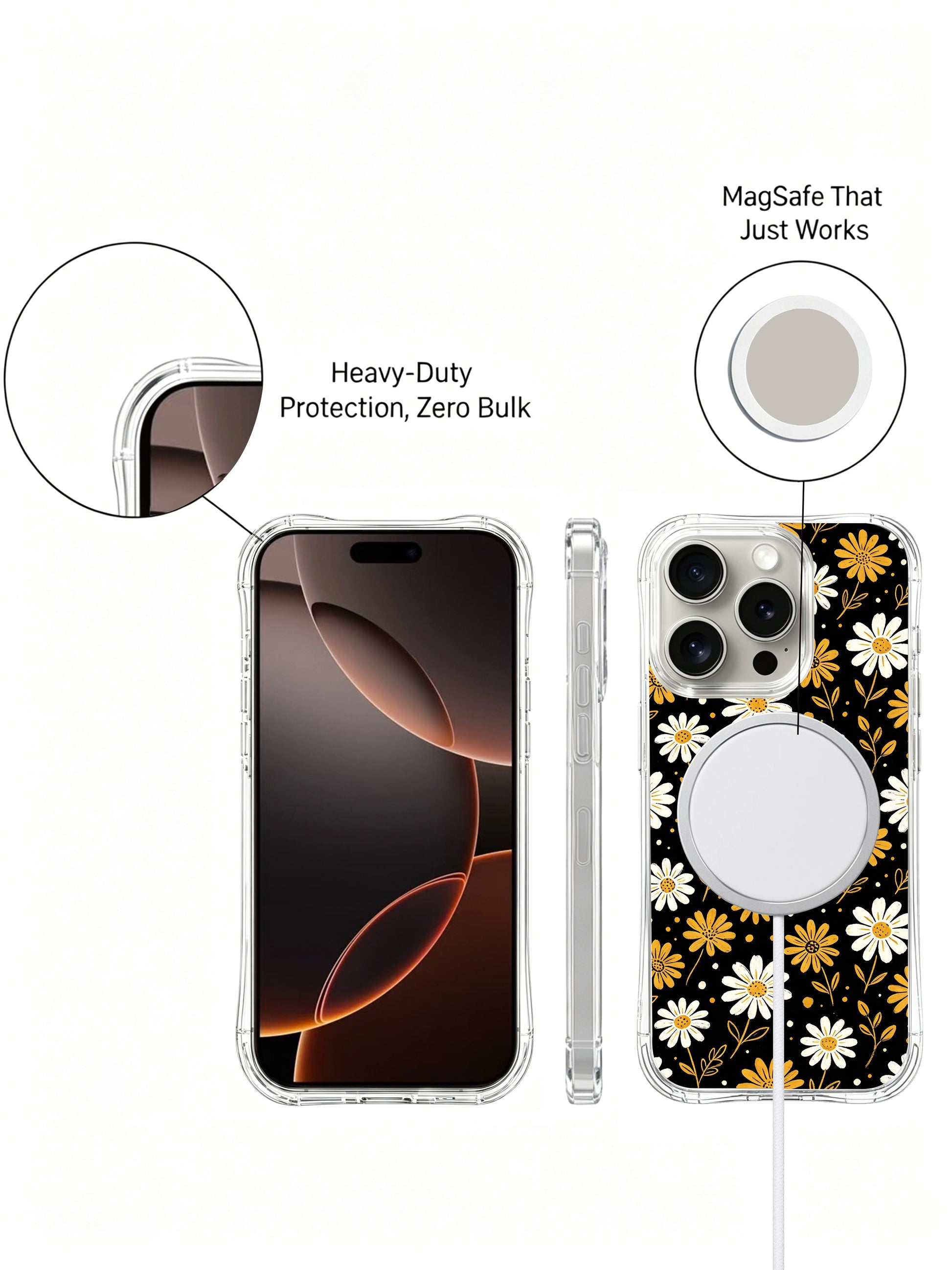 PhoneCasing iPhone 16 Pro Max Case with the Firework Daisies design, hand-drawn by Daisy Vale to represent courage and joy in the dark.