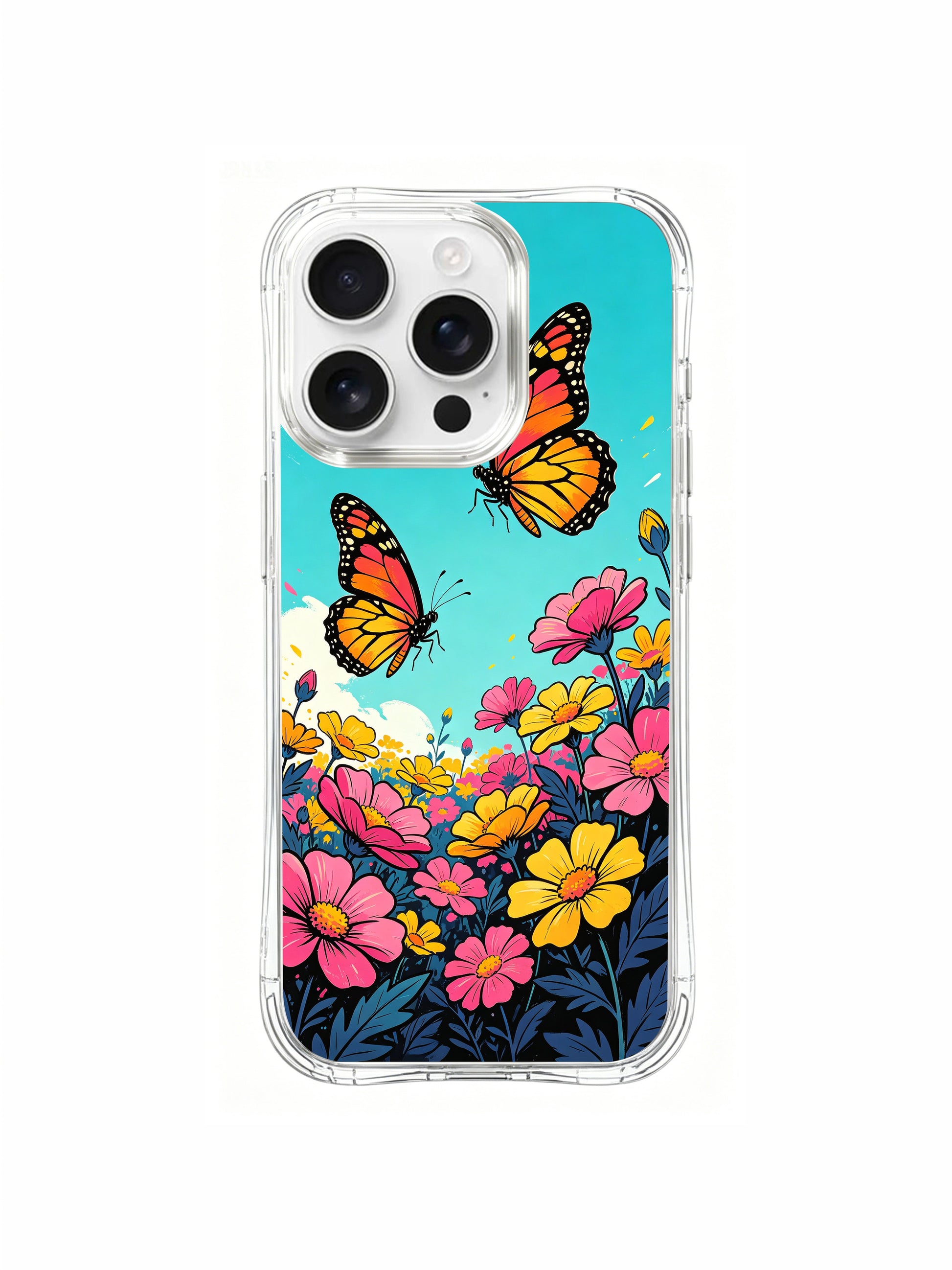 PhoneCasing flame bloom energy design on an iPhone 16 Pro Max Case, where red and orange flowers radiate passion and action around a calm, open sky.