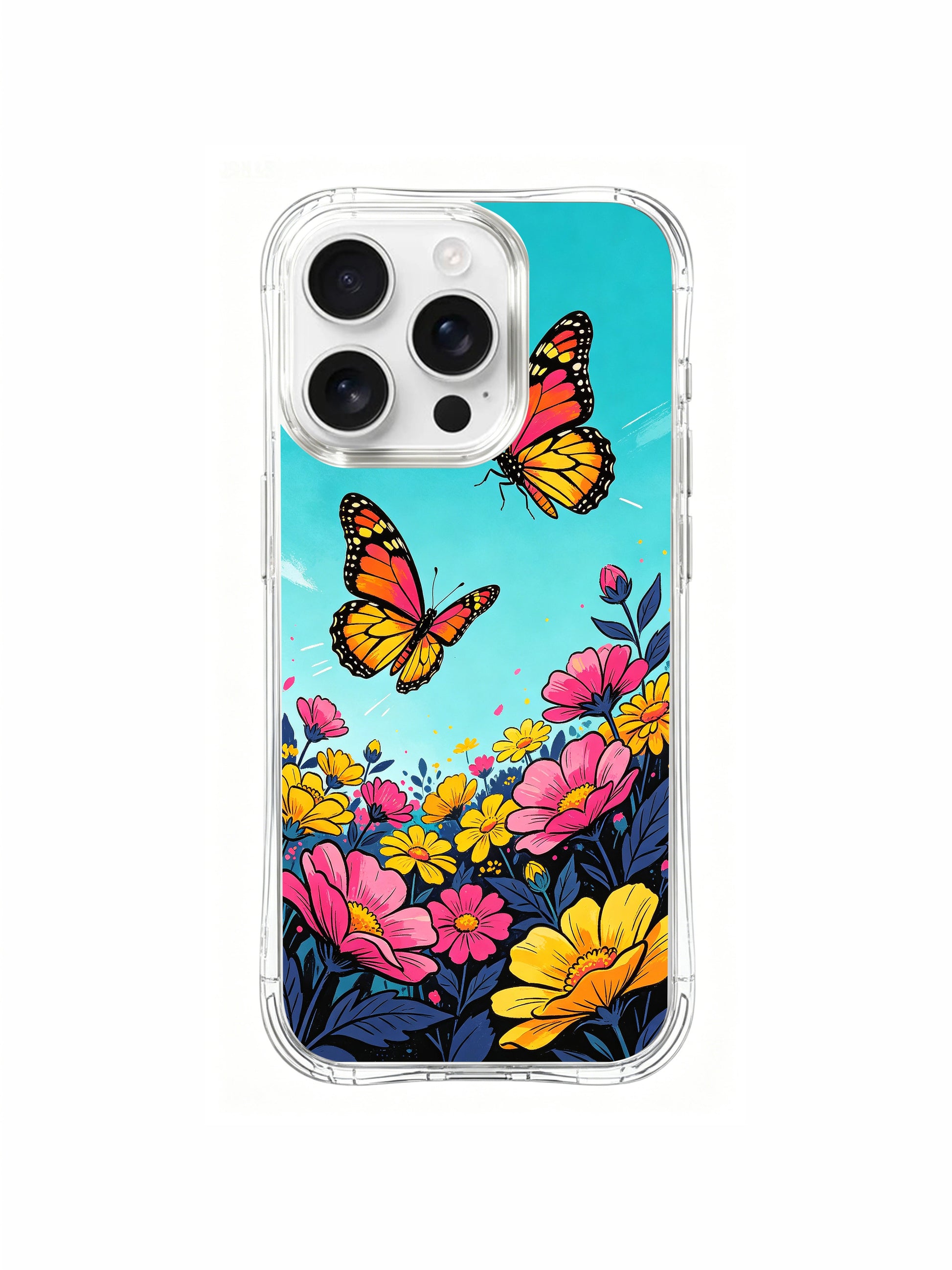 PhoneCasing flame flower butterfly flight art on an iPhone 16 Pro Max Case, a lively design of monarchs soaring over a field of pink and orange blooms that burn with life.