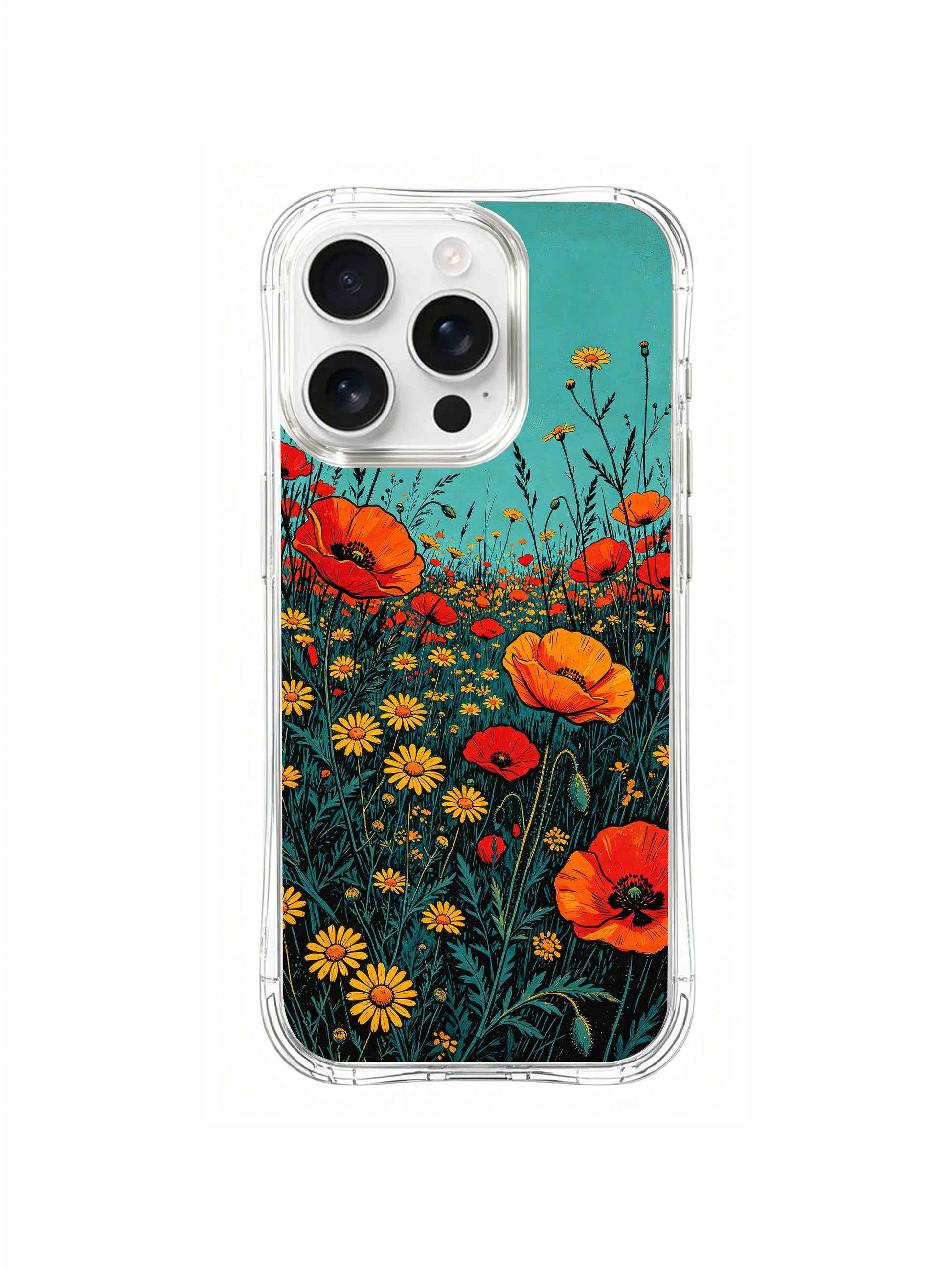 PhoneCasing Flame Poppy Garden by Aurora Bloom iPhone 16 Pro Max Case. Red and orange poppies bloom in a field, creating a vivid contrast with the turquoise sky.