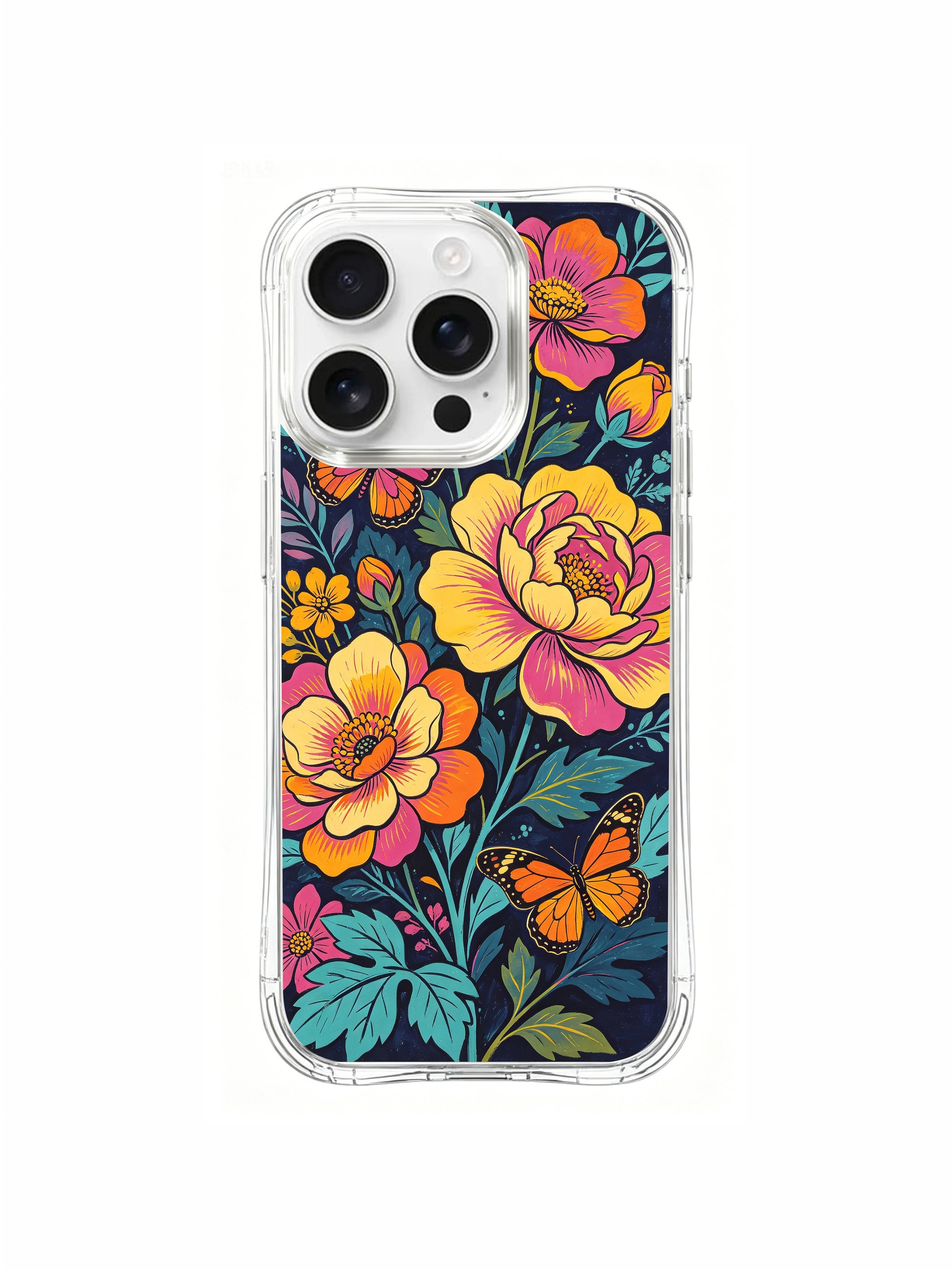 PhoneCasing Folk Art Floral Meadow iPhone 16 Pro Max Case. A bold, folk-inspired pattern of flowers and butterflies, full of charm and personality.