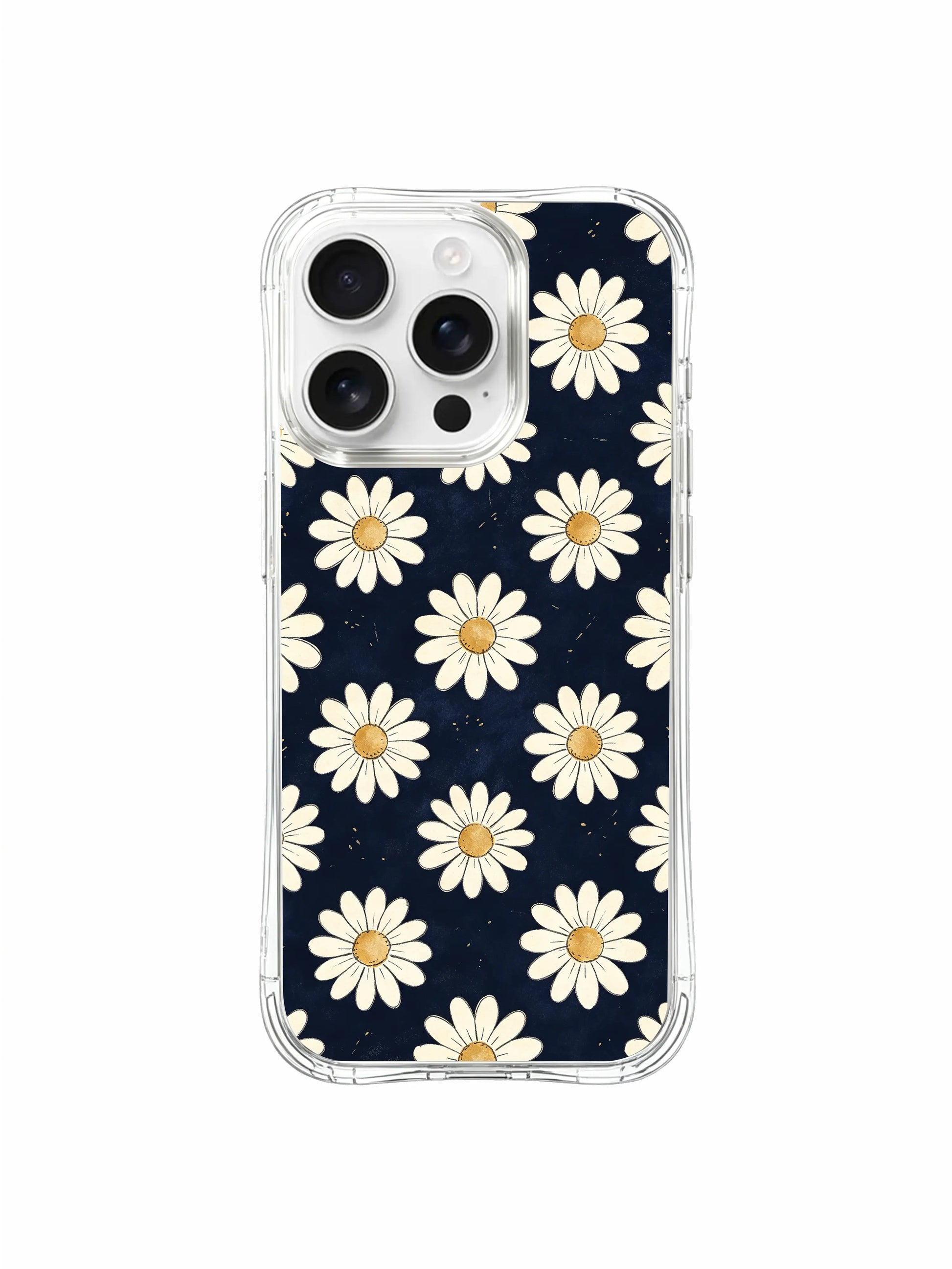 PhoneCasing iPhone 16 Pro Max Case featuring the gentle navy and cream daisy print from Daisy Vale, a case that symbolizes quiet light and everyday calm.
