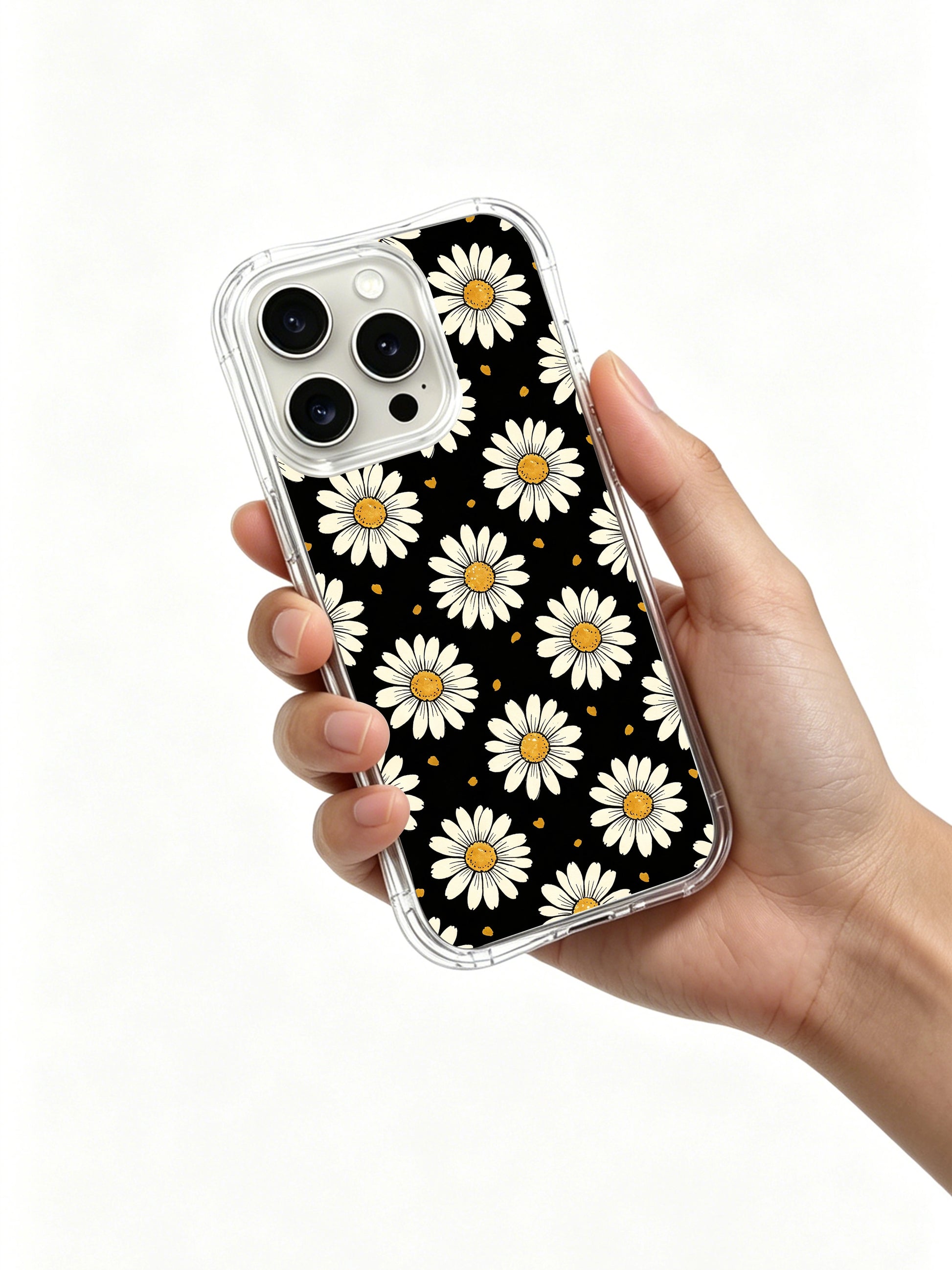 PhoneCasing iPhone 16 Pro Max Case with the Golden Fleck Daisies design, hand-drawn by Daisy Vale to represent quiet joy and subtle luxury.