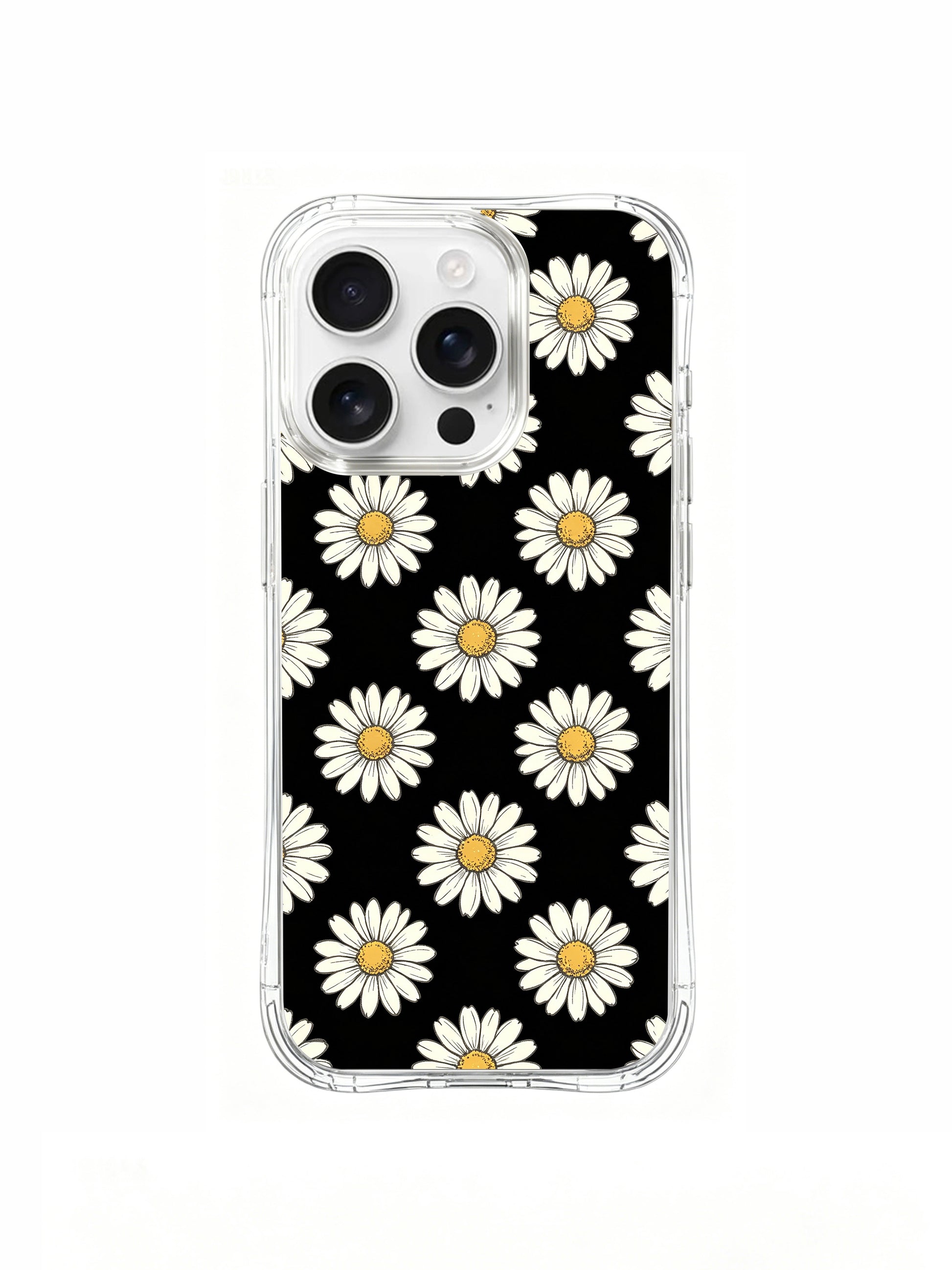 PhoneCasing iPhone 16 Pro Max Case featuring the high-contrast black and white daisy pattern by Daisy Vale, a scratch-resistant case with a bold, eye-catching design.