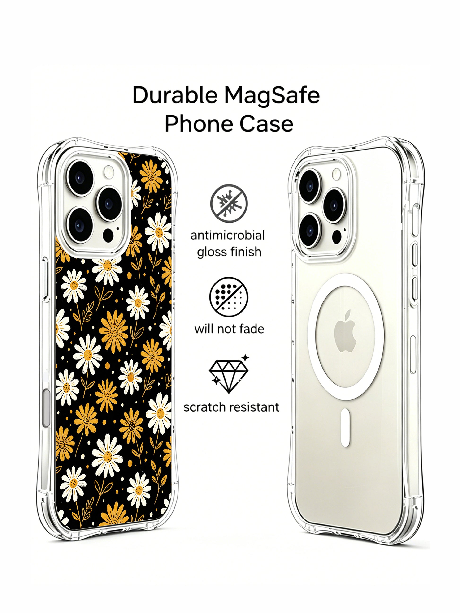 PhoneCasing iPhone 16 Pro Max Case showcasing the high-contrast black, white, and gold daisy pattern, designed by Daisy Vale for a bold, joyful aesthetic.