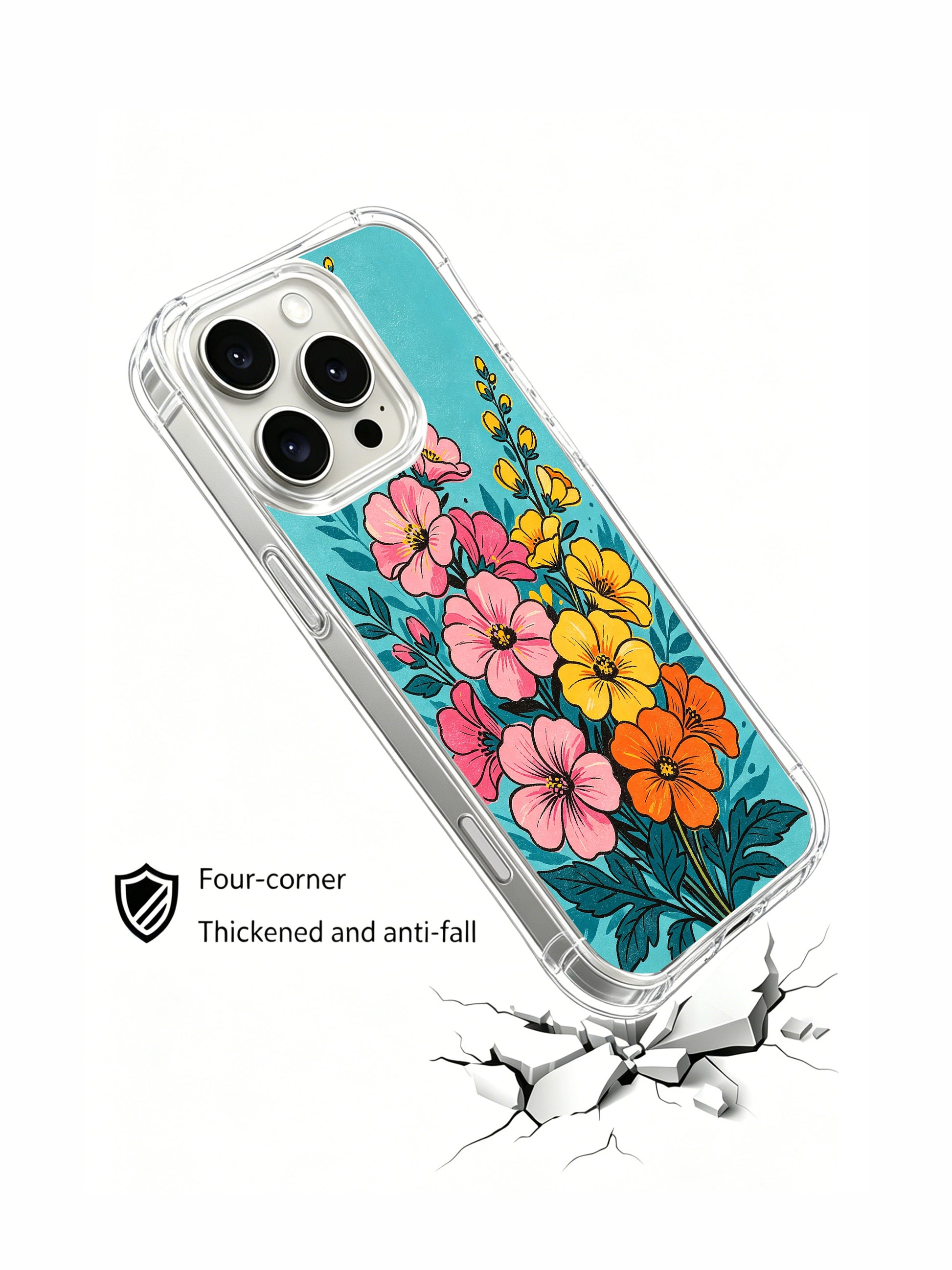 PhoneCasing hot summer floral rush design on an iPhone 16 Pro Max Case, where bold pink, orange, and yellow flowers create a wave of energy.
