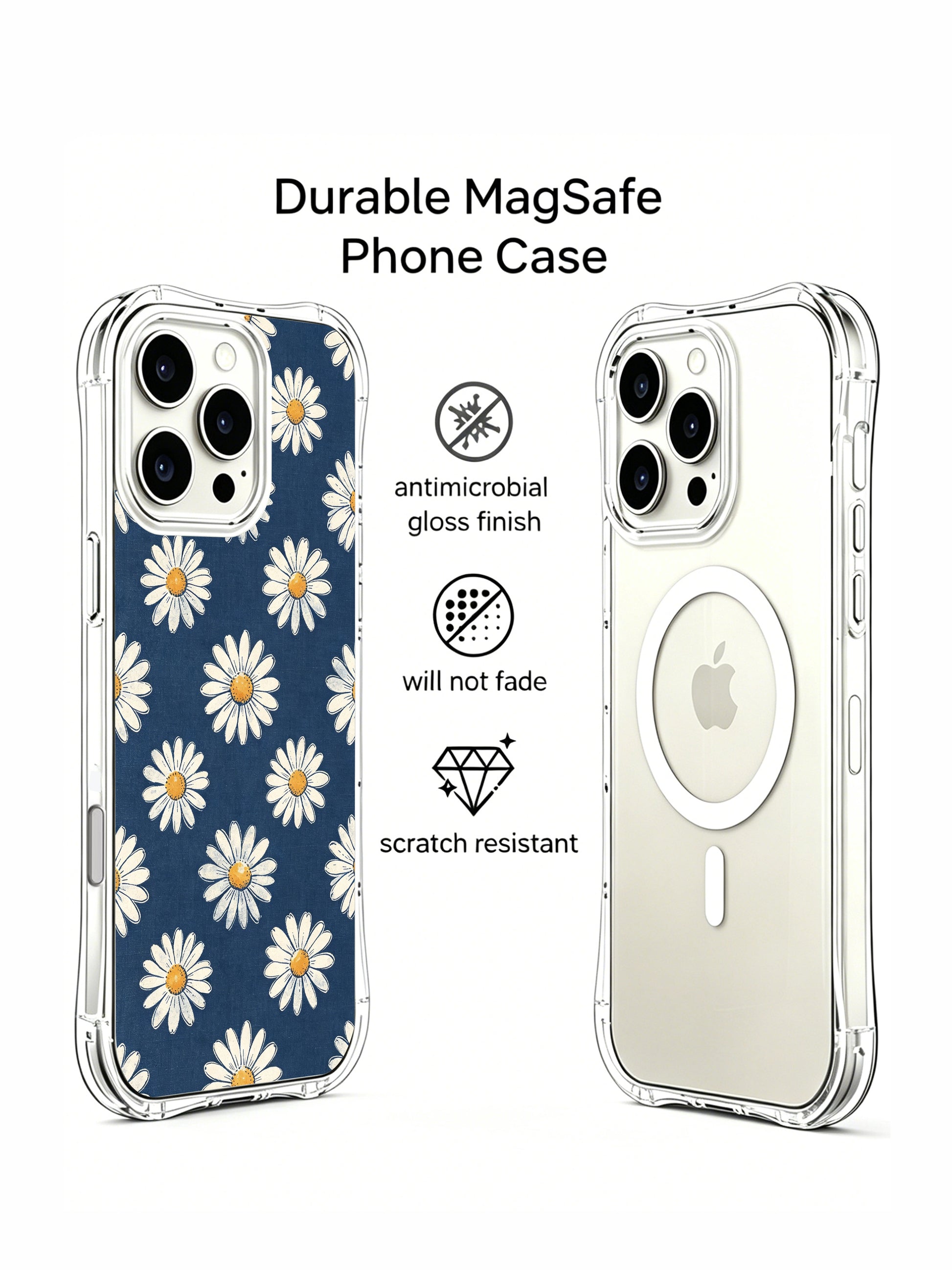 PhoneCasing iPhone 16 Pro Max Case showcasing the vintage wash daisy pattern on deep blue, designed by Daisy Vale for a warm, nostalgic aesthetic.