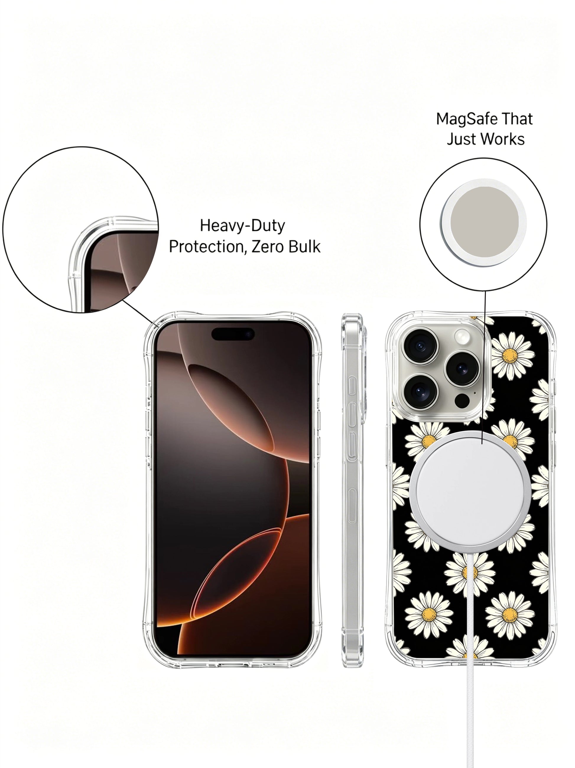 PhoneCasing iPhone 16 Pro Max Case with MagSafe compatibility, featuring the bold black and white daisy design by artist Daisy Vale.