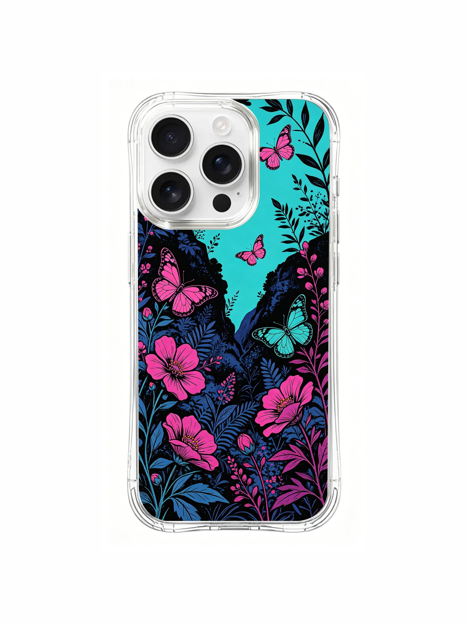 PhoneCasing magical night garden design on an iPhone 16 Pro Max Case, Aurora Bloom’s vision of a secret valley where butterflies bloom after dark.