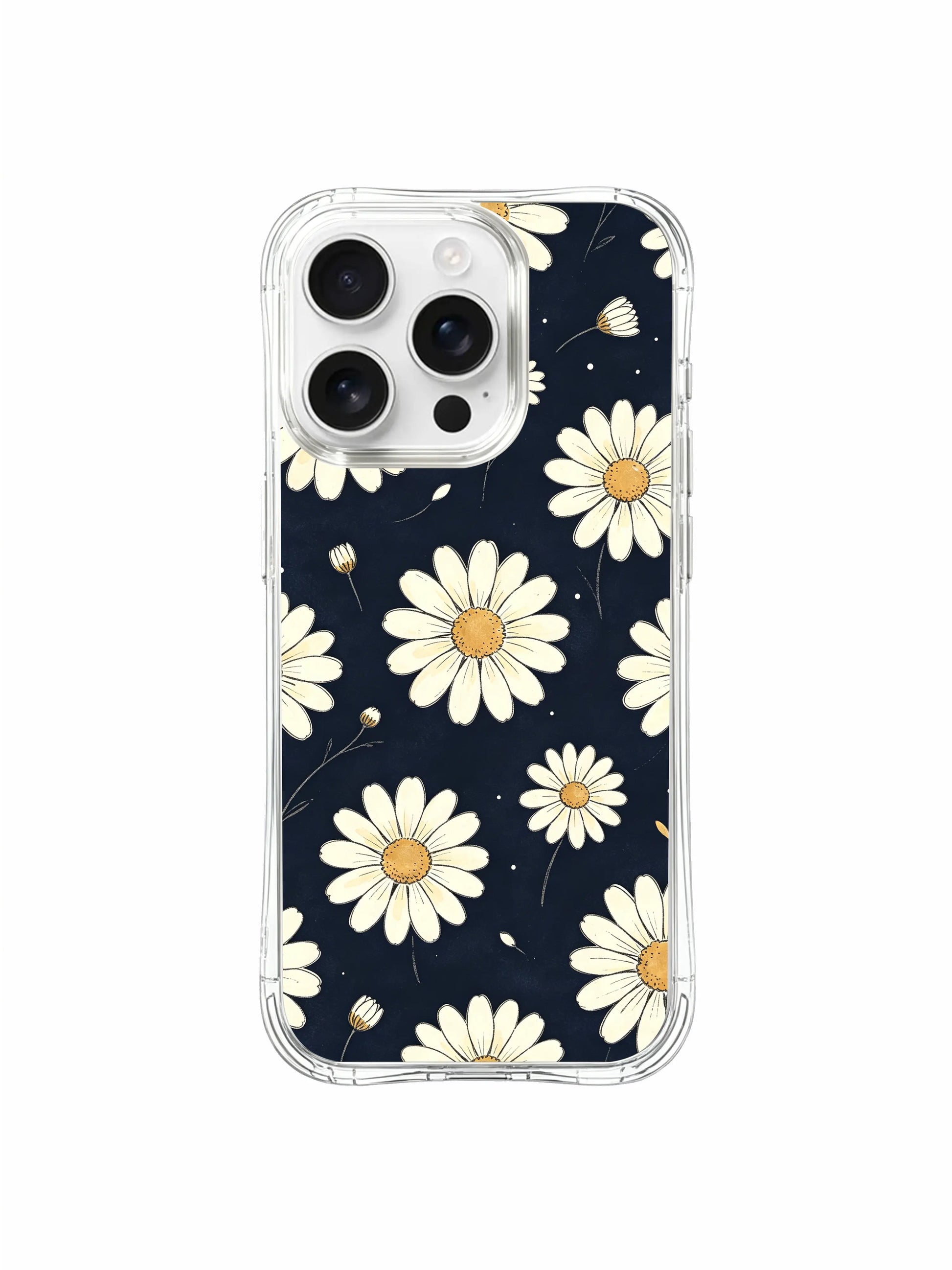 PhoneCasing iPhone 16 Pro Max Case with MagSafe compatibility, featuring the soft cream daisy on navy design by artist Daisy Vale.