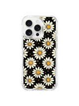 PhoneCasing iPhone 16 Pro Max Case with MagSafe compatibility, featuring the moody cream daisy on black design by artist Daisy Vale.