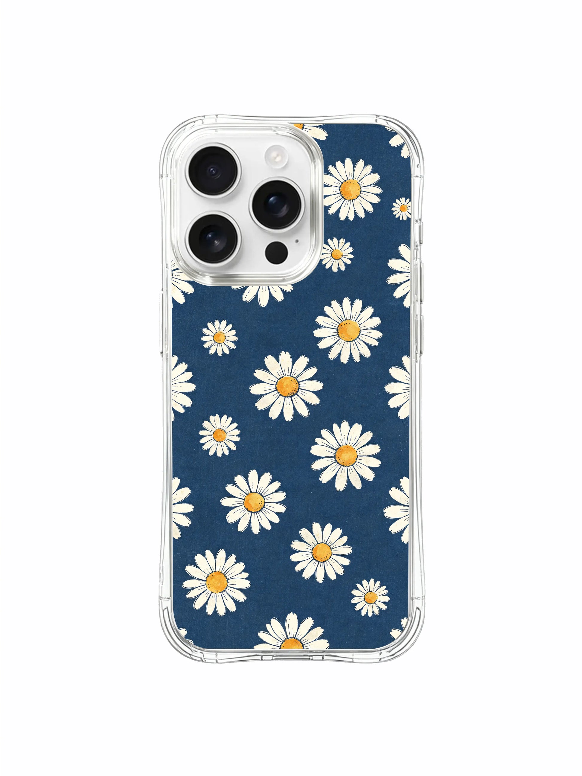 PhoneCasing iPhone 16 Pro Max Case with MagSafe compatibility, featuring the vintage indigo daisy design by artist Daisy Vale.